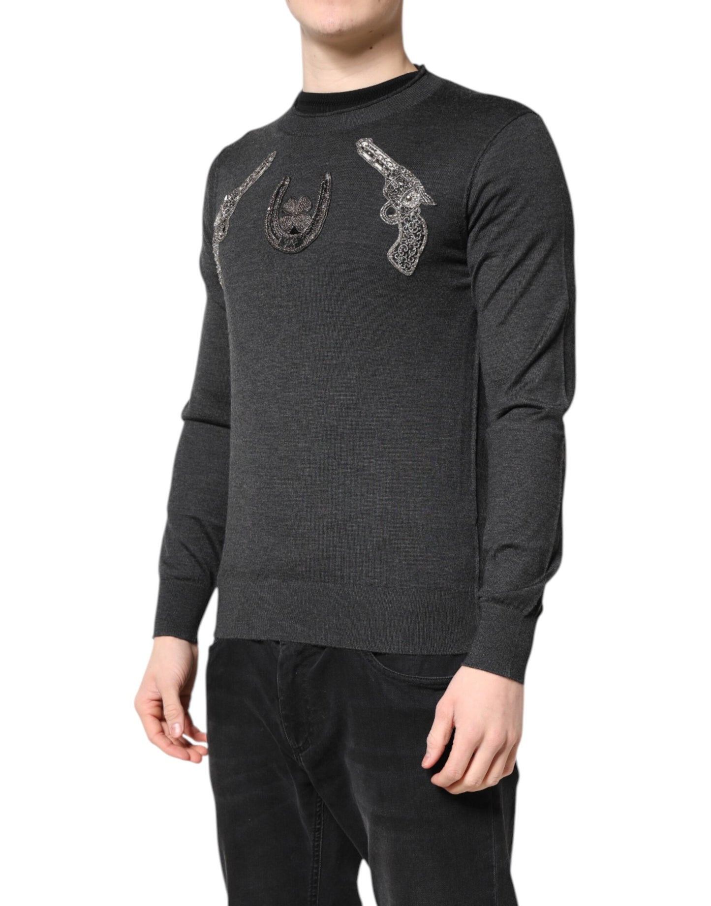 Dolce & Gabbana Gray Embroidery Knit Men Pullover Sweater Dolce & Gabbana