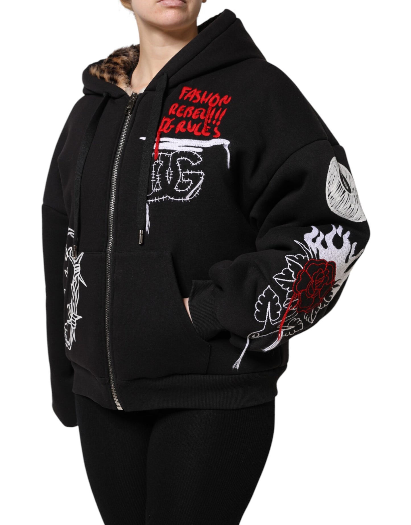 Dolce & Gabbana Black Embroidered Full Zip Hooded Jacket Dolce & Gabbana