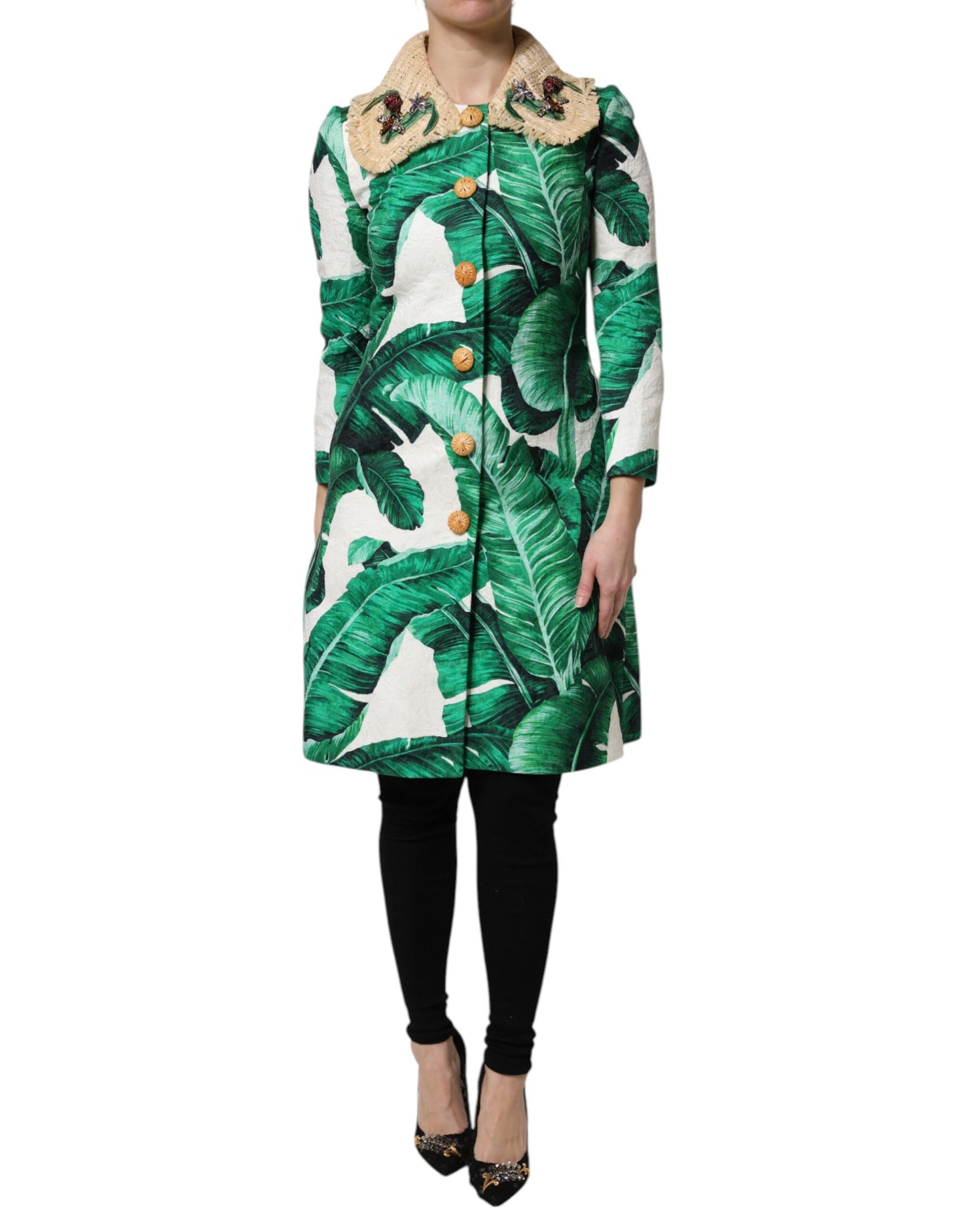 Dolce & Gabbana Multicolor Leaf Print Embellished Trenchcoat Jacket Dolce & Gabbana