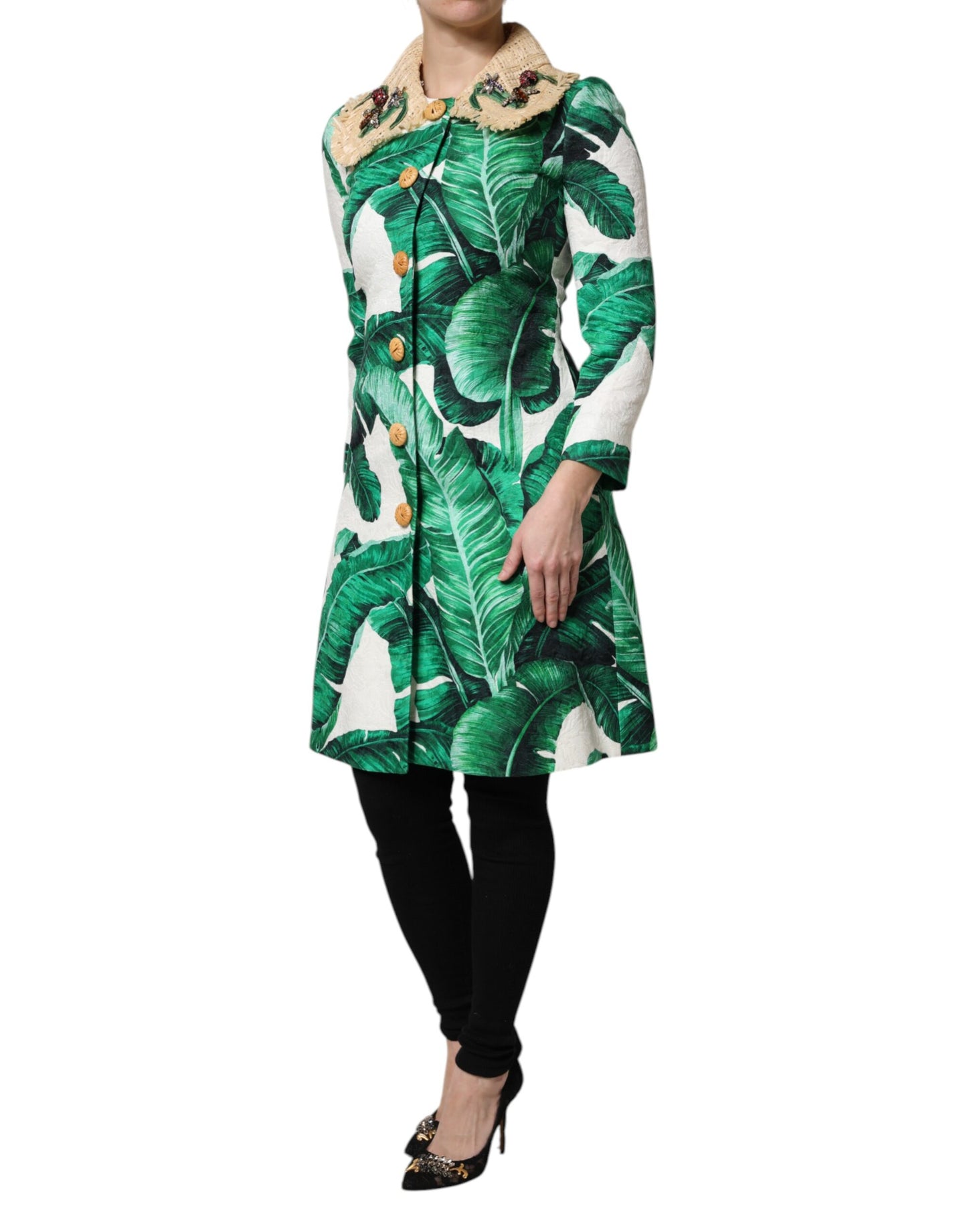 Dolce & Gabbana Multicolor Leaf Print Embellished Trenchcoat Jacket Dolce & Gabbana