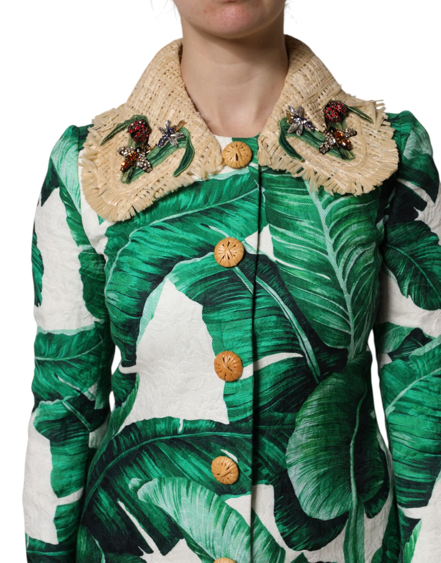 Dolce & Gabbana Multicolor Leaf Print Embellished Trenchcoat Jacket Dolce & Gabbana