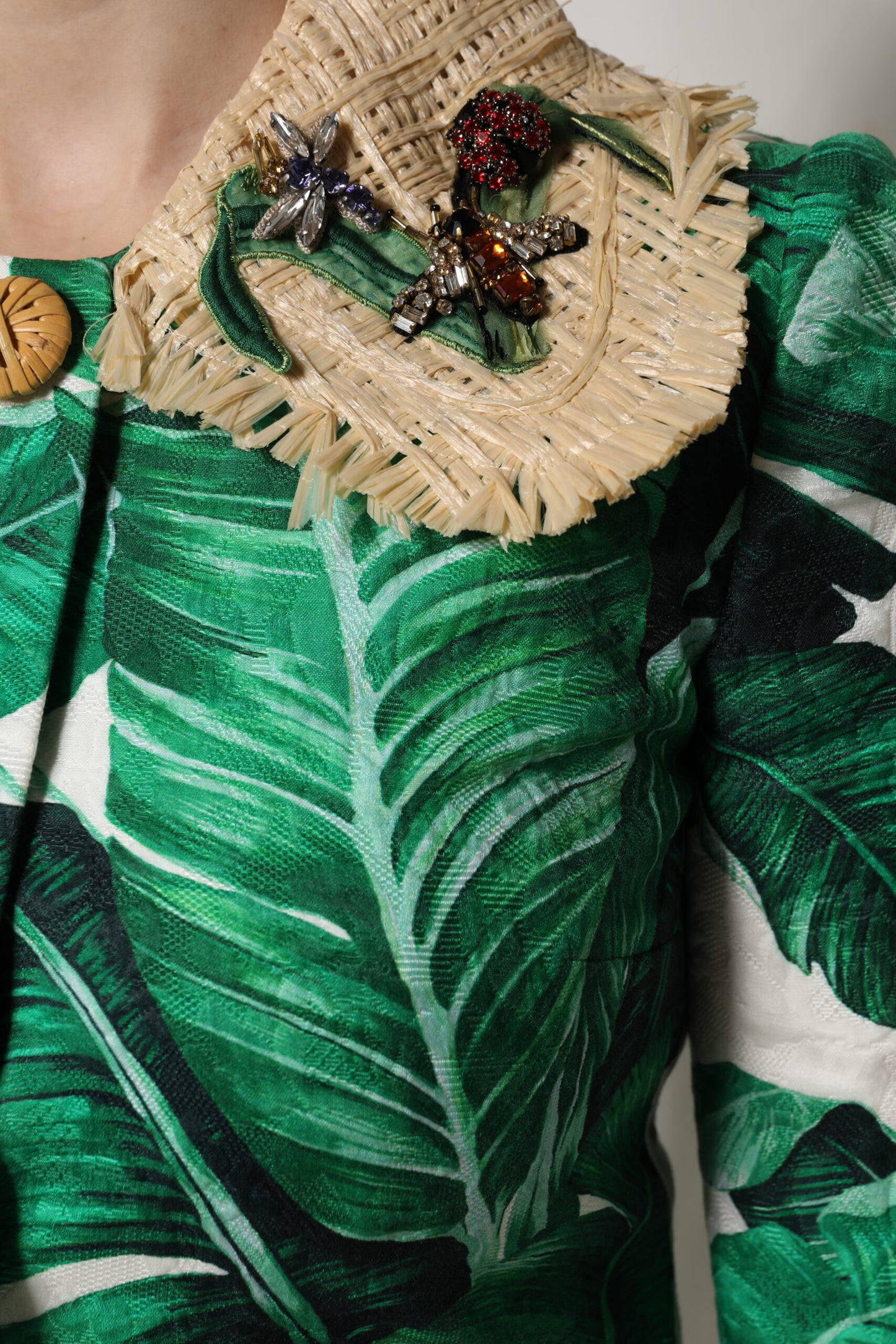 Dolce & Gabbana Multicolor Leaf Print Embellished Trenchcoat Jacket Dolce & Gabbana
