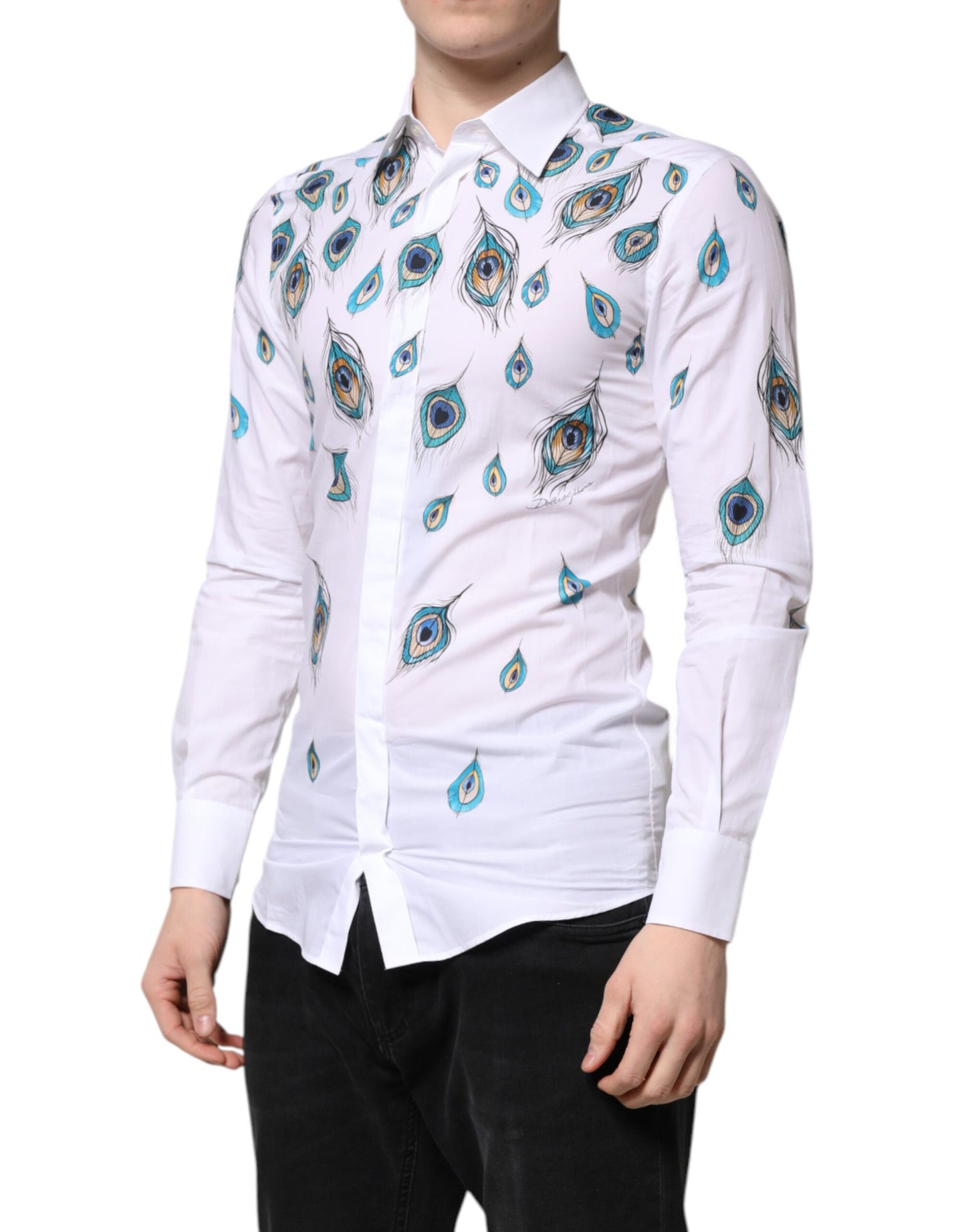 Dolce & Gabbana White Cotton Feather Print GOLD Dress Shirt Dolce & Gabbana