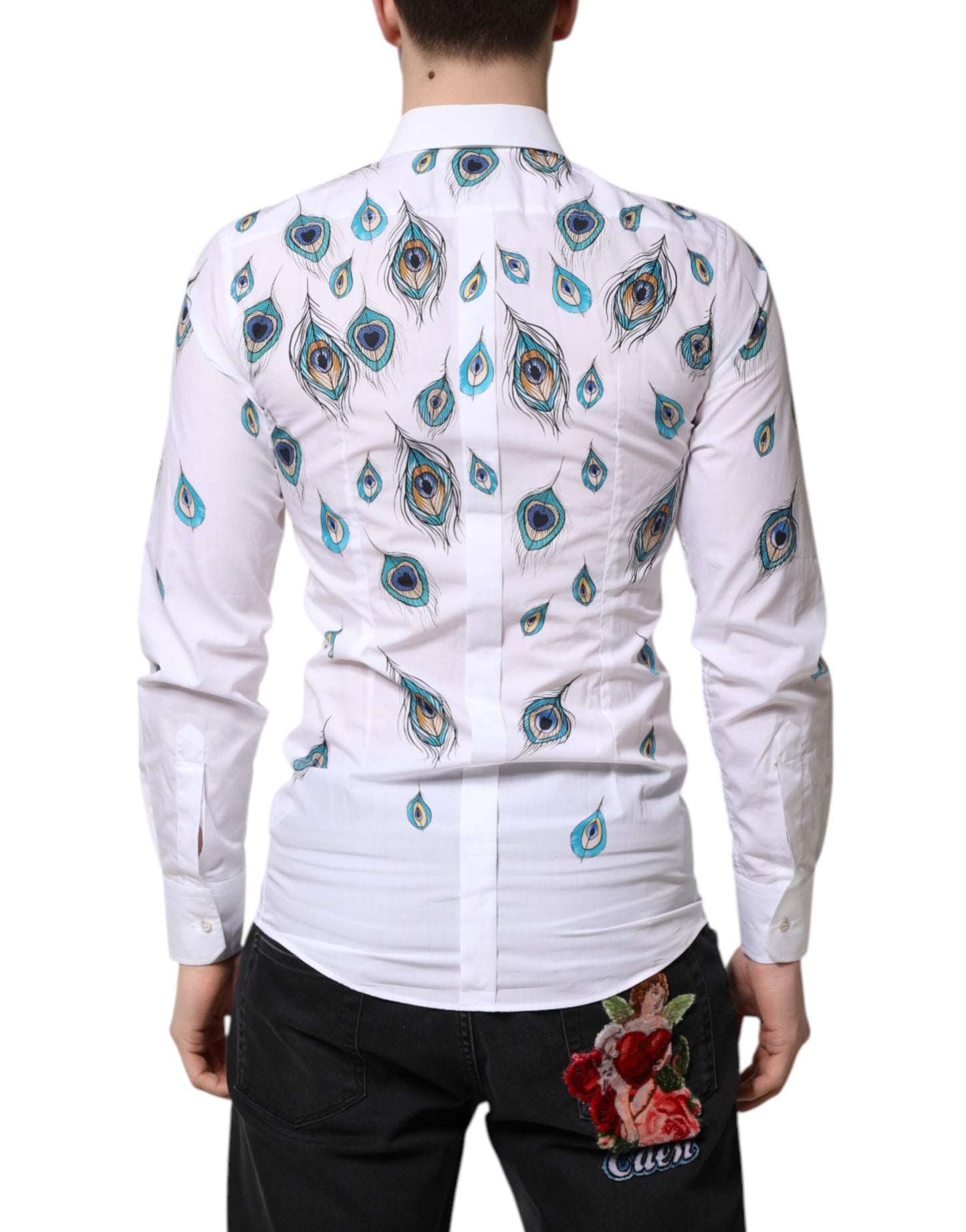 Dolce & Gabbana White Cotton Feather Print GOLD Dress Shirt Dolce & Gabbana