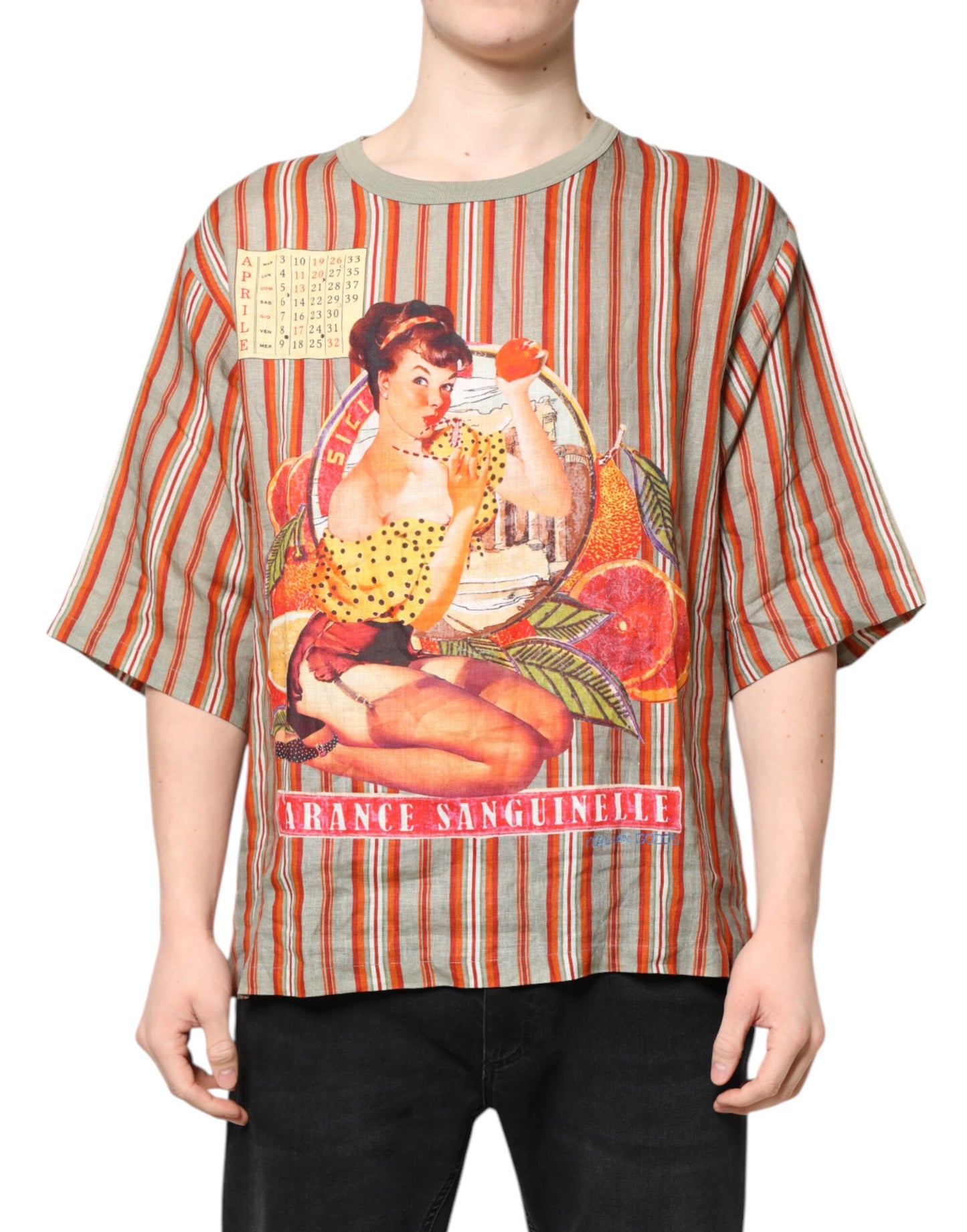 Dolce & Gabbana Multicolor Striped Graphic Linen Round Neck T-shirt Dolce & Gabbana