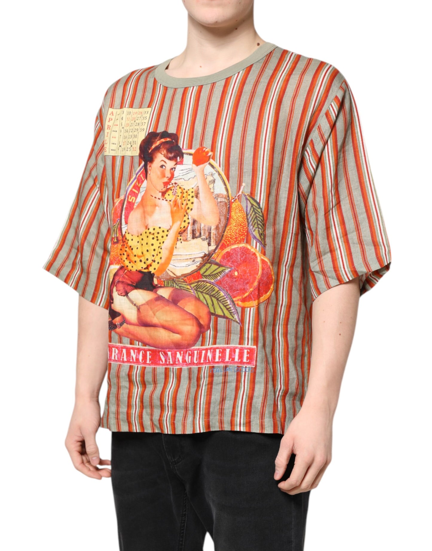 Dolce & Gabbana Multicolor Striped Graphic Linen Round Neck T-shirt Dolce & Gabbana