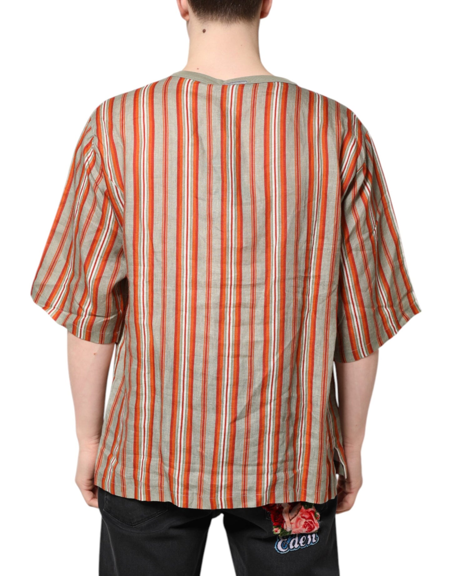 Dolce & Gabbana Multicolor Striped Graphic Linen Round Neck T-shirt Dolce & Gabbana