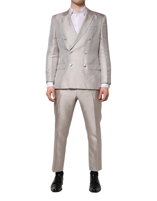 Dolce & Gabbana Light Gray Jacquard Silk Dotted 2 Piece Suit Dolce & Gabbana