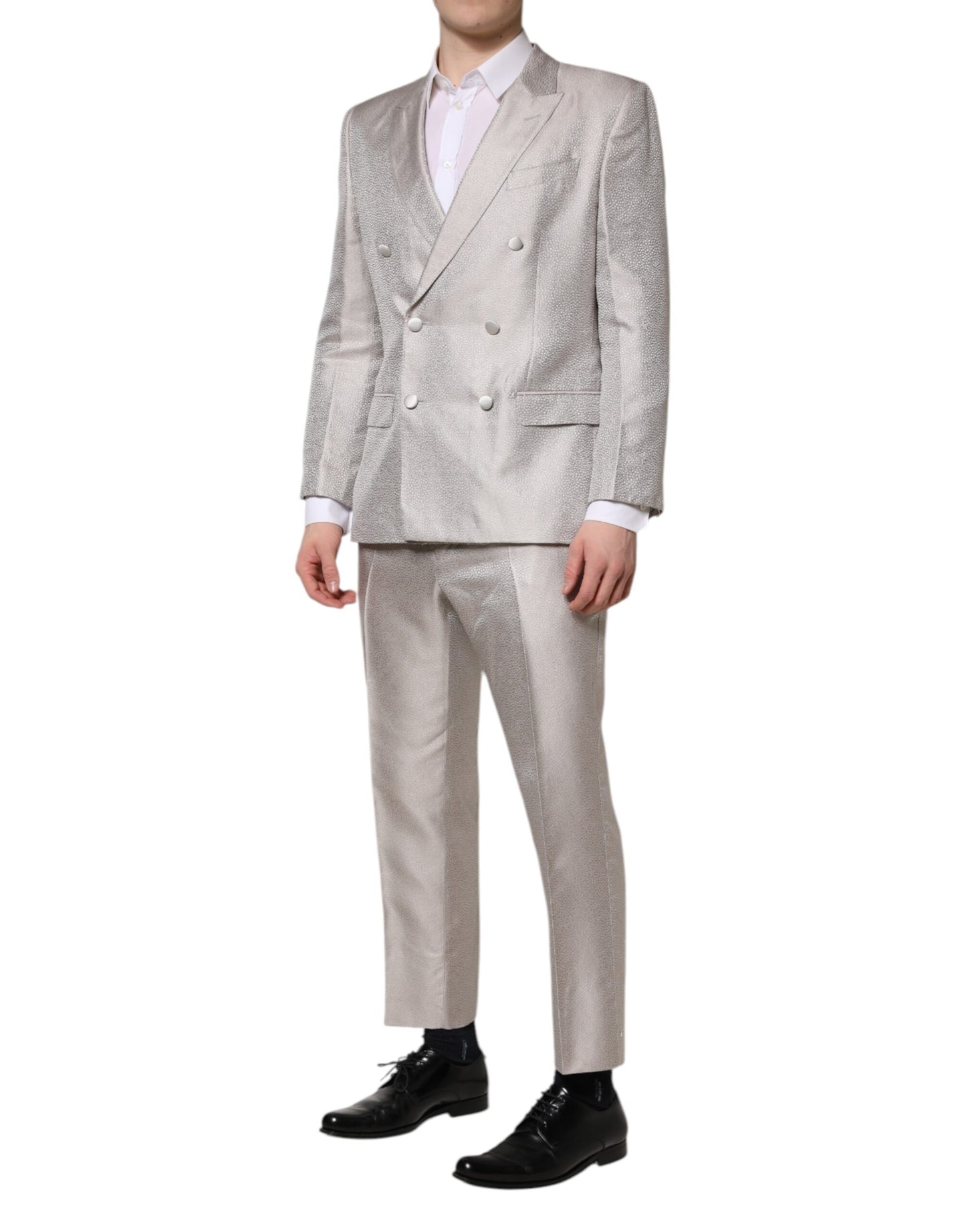 Dolce & Gabbana Light Gray Jacquard Silk Dotted 2 Piece Suit Dolce & Gabbana
