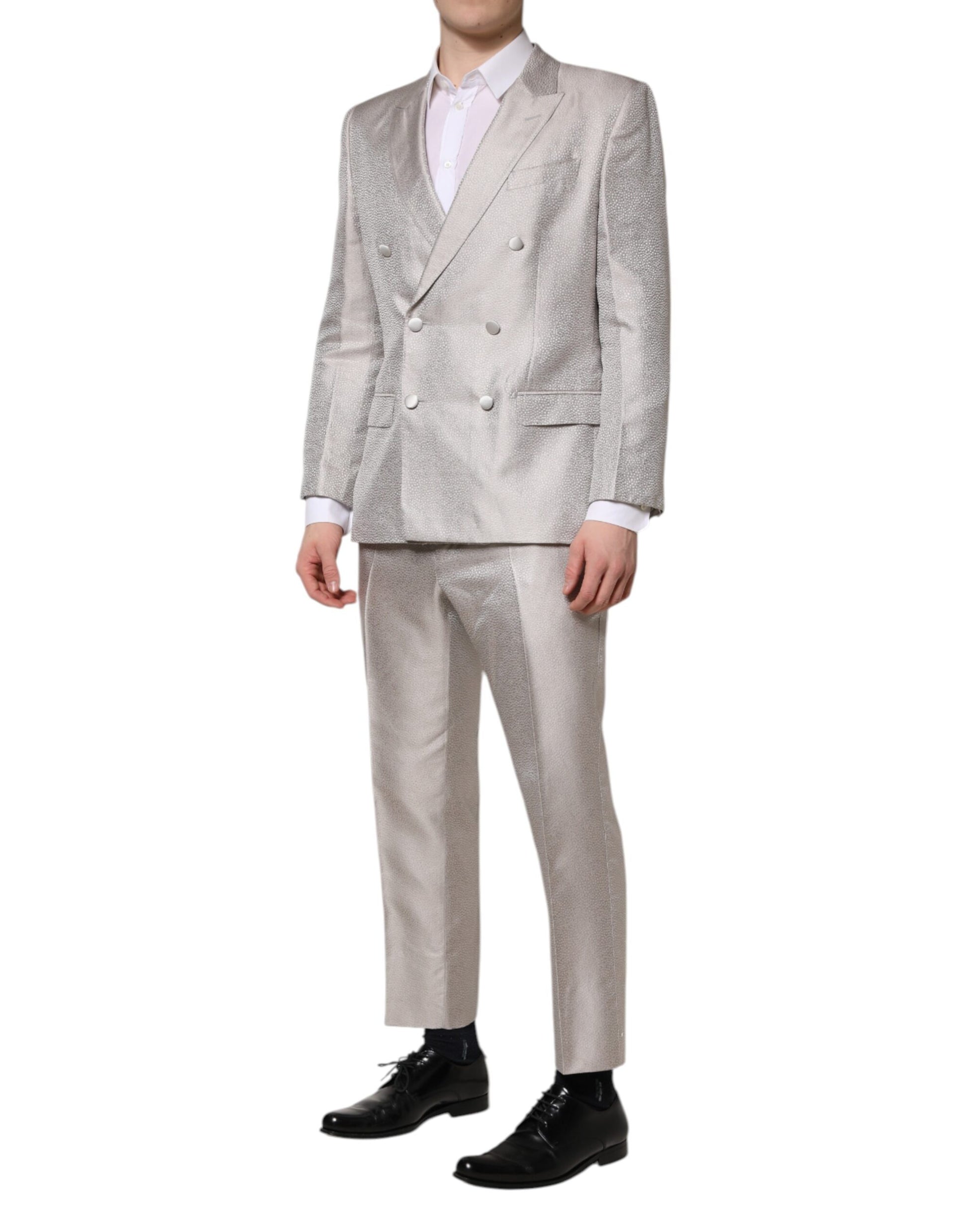 Dolce & Gabbana Light Gray Jacquard Silk Dotted 2 Piece Suit Dolce & Gabbana