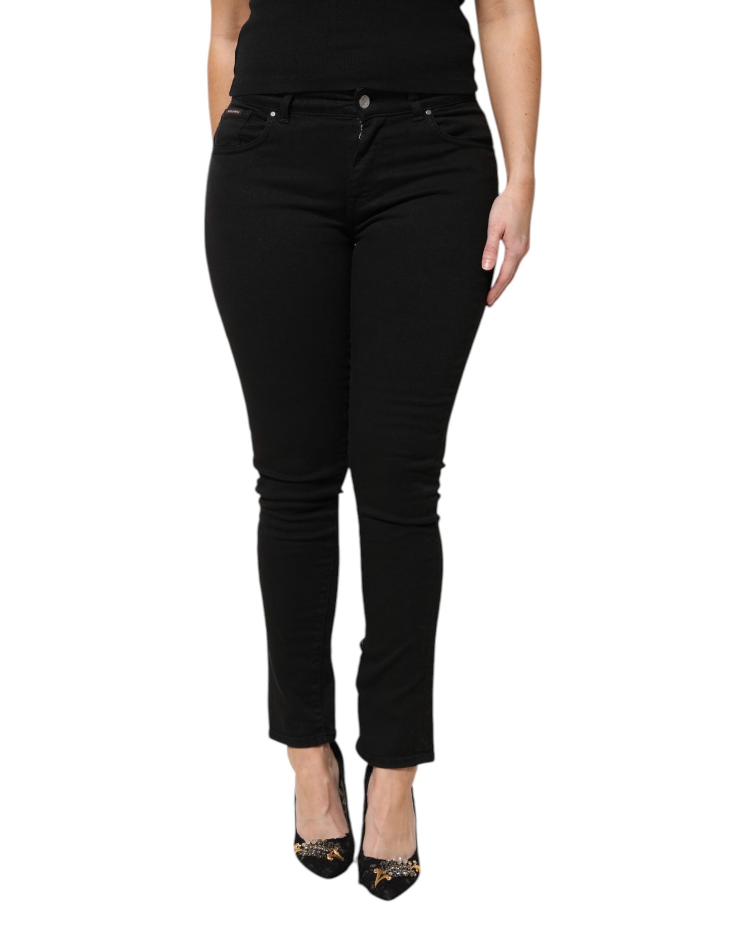 Dolce & Gabbana Black Cotton Logo Mid Waist Skinny Denim Jeans Dolce & Gabbana
