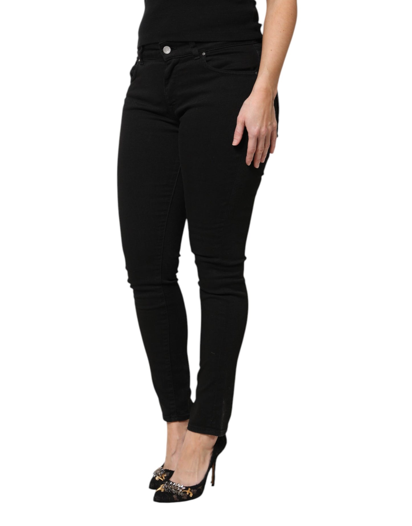 Dolce & Gabbana Black Cotton Logo Mid Waist Skinny Denim Jeans Dolce & Gabbana