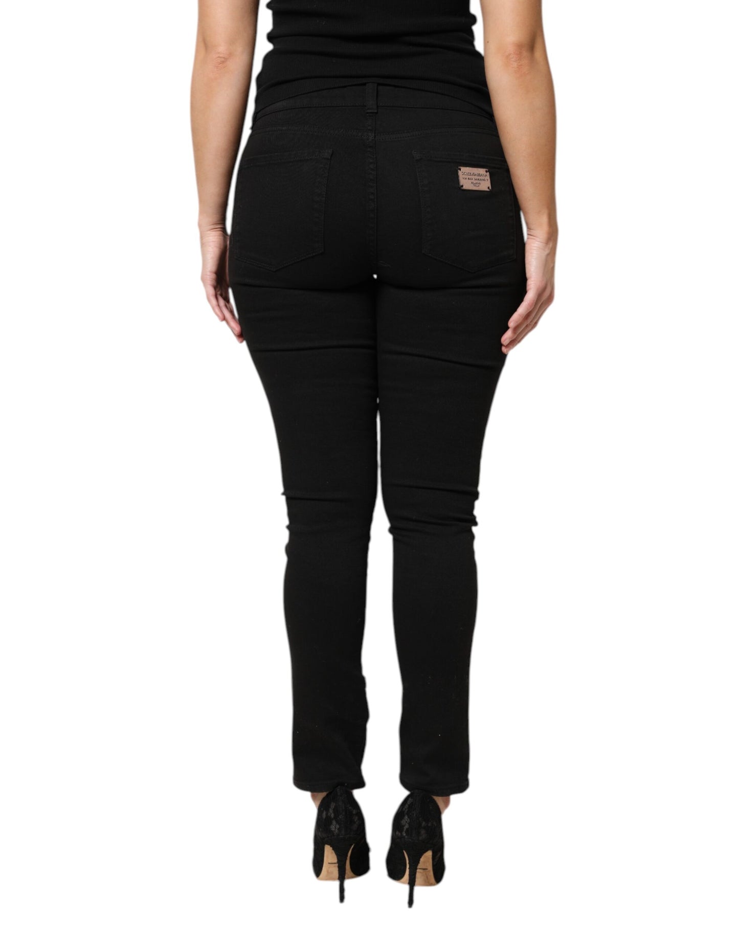 Dolce & Gabbana Black Cotton Logo Mid Waist Skinny Denim Jeans Dolce & Gabbana