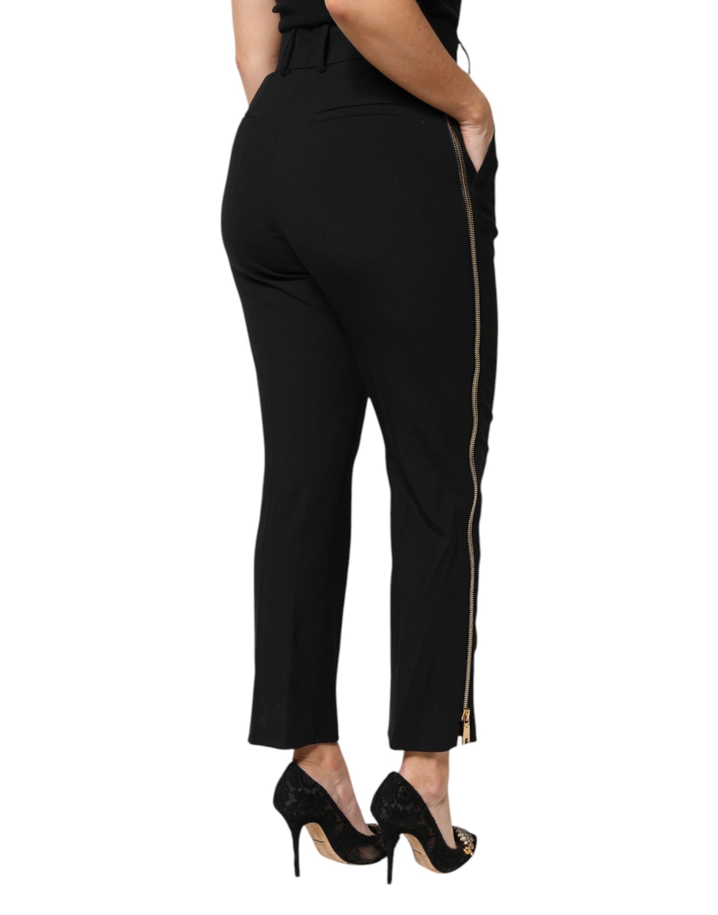 Dolce & Gabbana Black Wool High Waist Zipper Tapered Pants Dolce & Gabbana