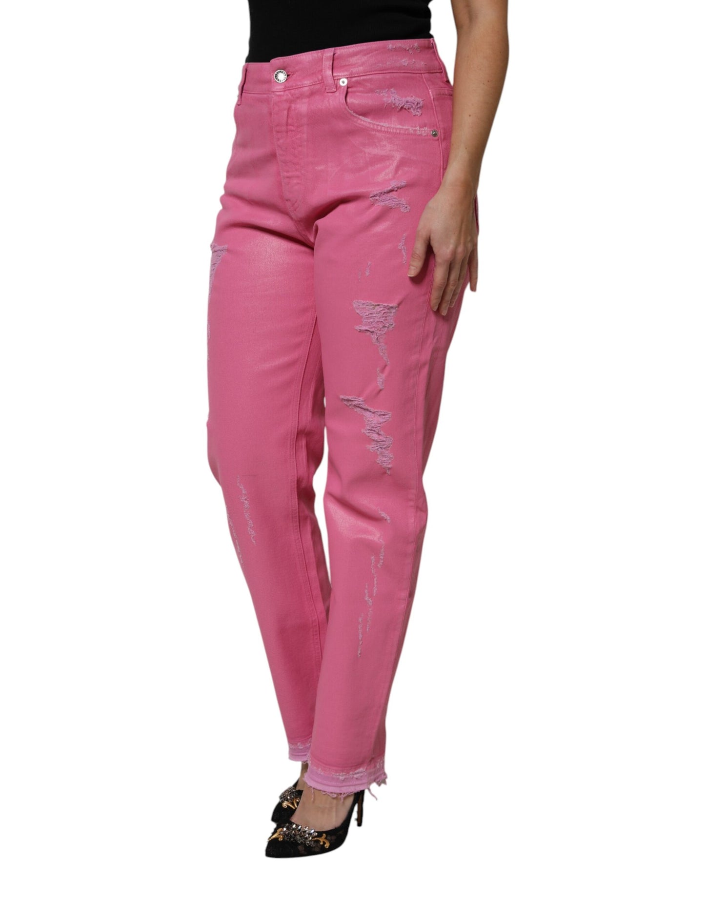 Dolce & Gabbana Pink Tattered Mid Waist Tapered Denim Jeans Dolce & Gabbana
