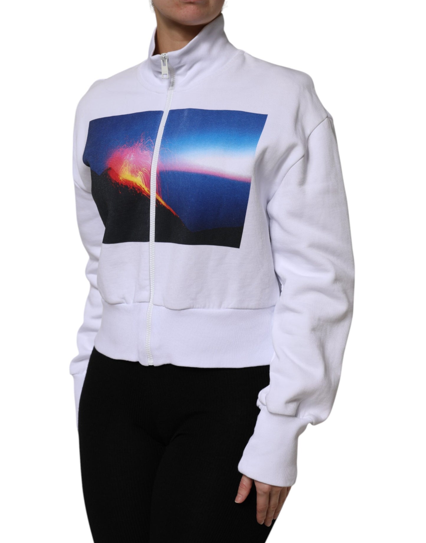 MSGM White Graphic Print Cotton Long Sleeves Full Zip Bomber Jacket MSGM