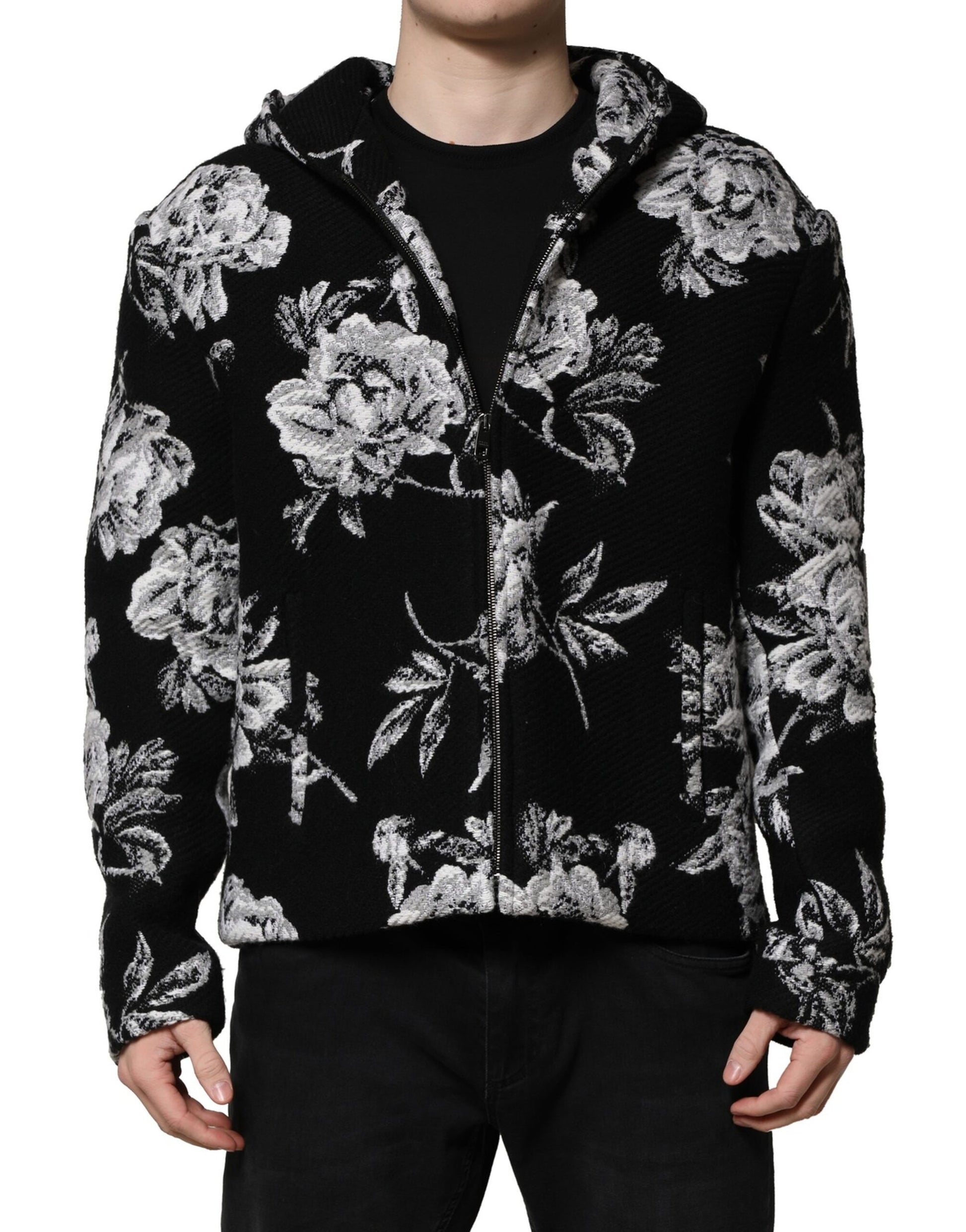 Dolce & Gabbana Black Wool Floral Printed Men Hooded Jacket Dolce & Gabbana