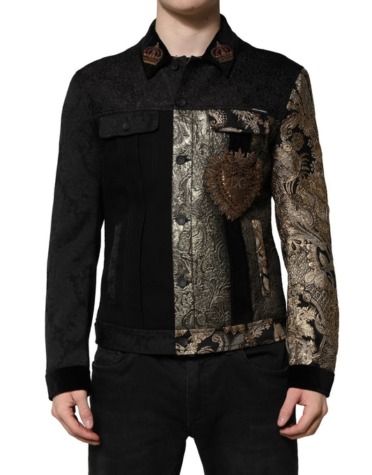 Dolce & Gabbana Black Gold Floral Jacquard Men Biker Jacket Dolce & Gabbana