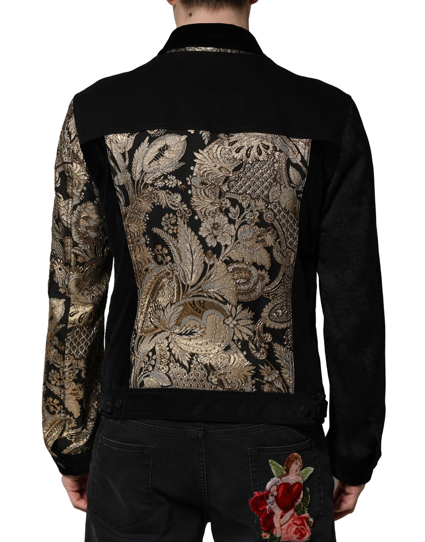 Dolce & Gabbana Black Gold Floral Jacquard Men Biker Jacket Dolce & Gabbana