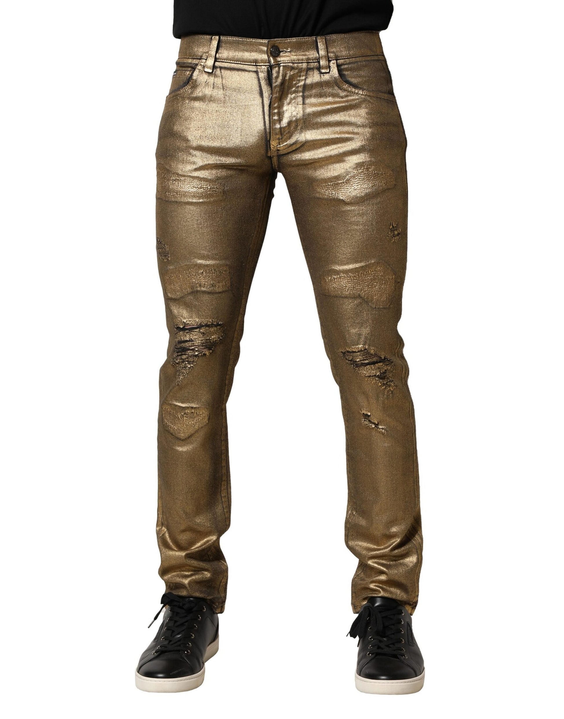 Dolce & Gabbana Gold Tattered Cotton Stretch Slim Denim Jeans Dolce & Gabbana