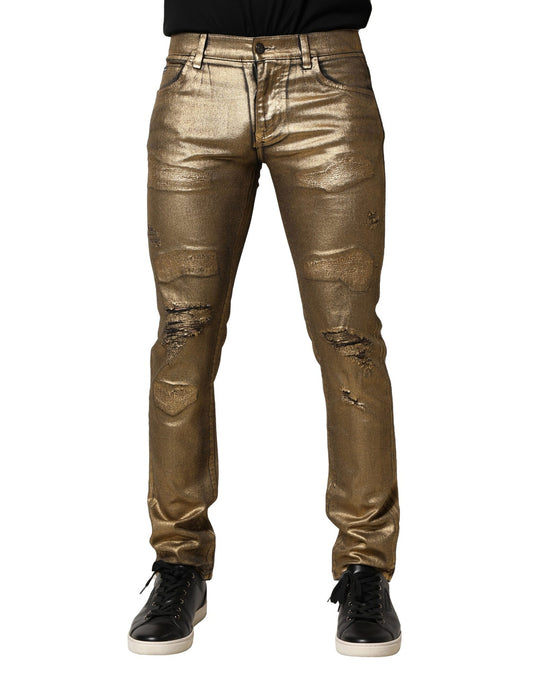 Dolce & Gabbana Gold Tattered Cotton Stretch Slim Denim Jeans Dolce & Gabbana