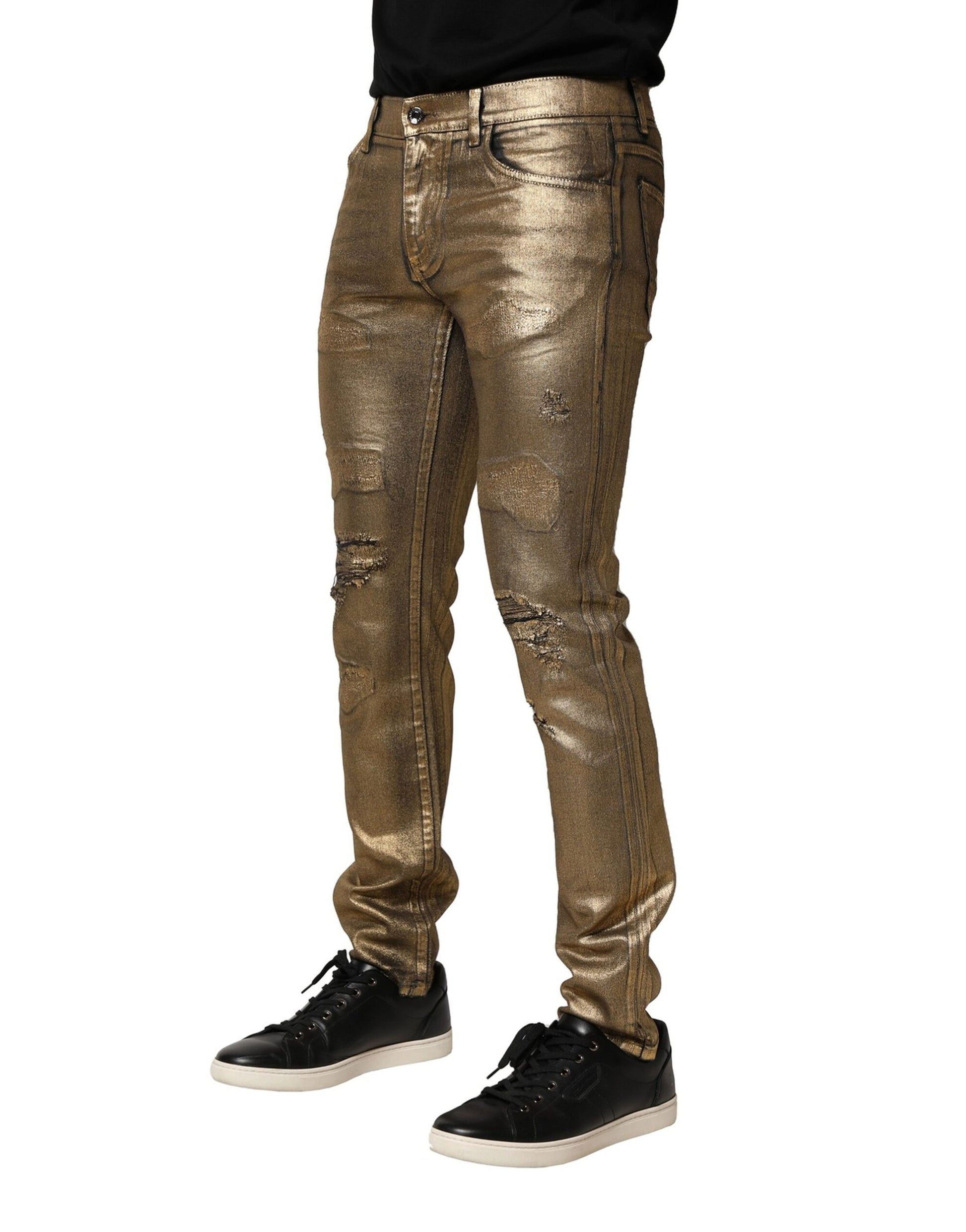 Dolce & Gabbana Gold Tattered Cotton Stretch Slim Denim Jeans Dolce & Gabbana