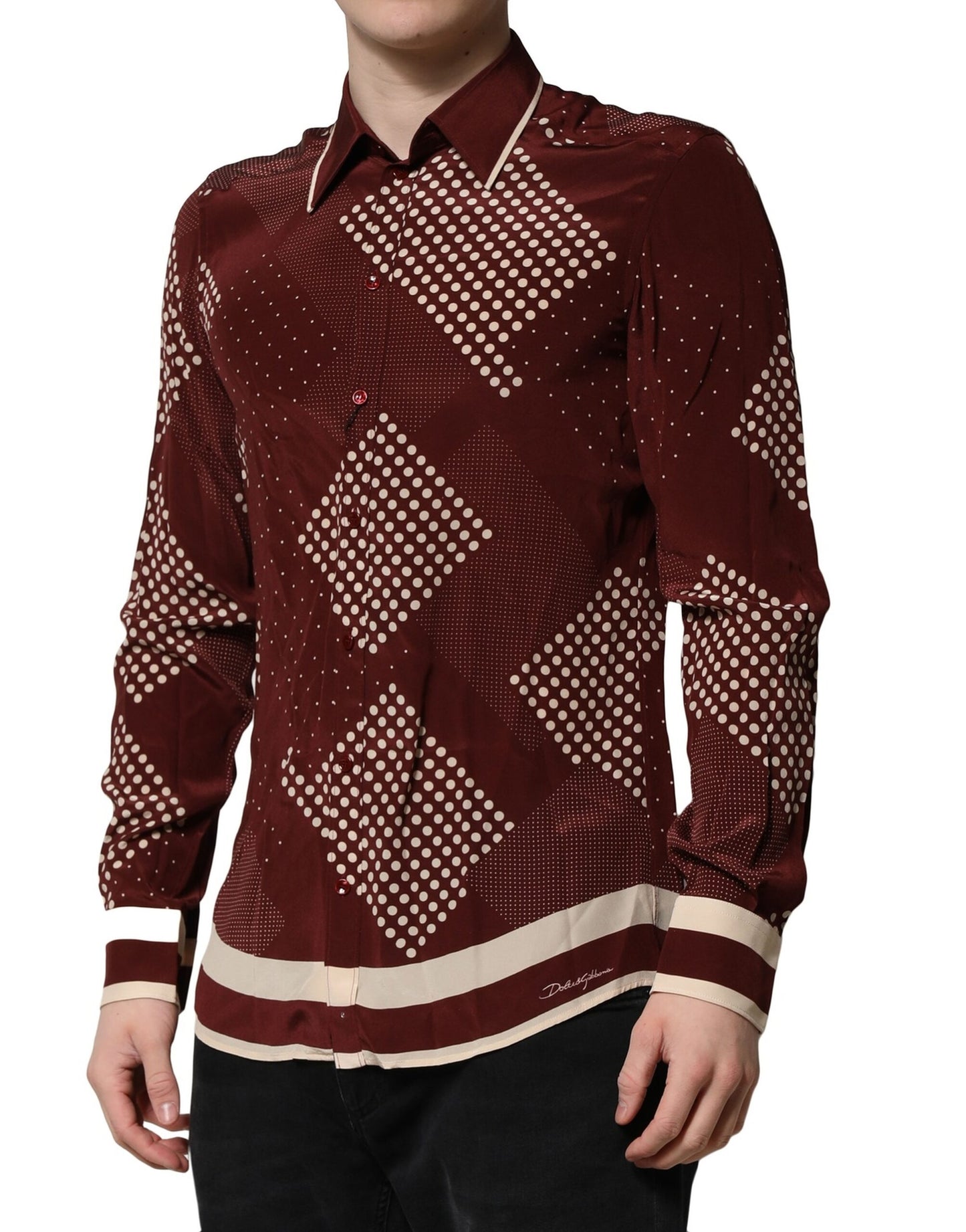 Dolce & Gabbana Maroon Dotted Silk Long Sleeve Casual Shirt Dolce & Gabbana