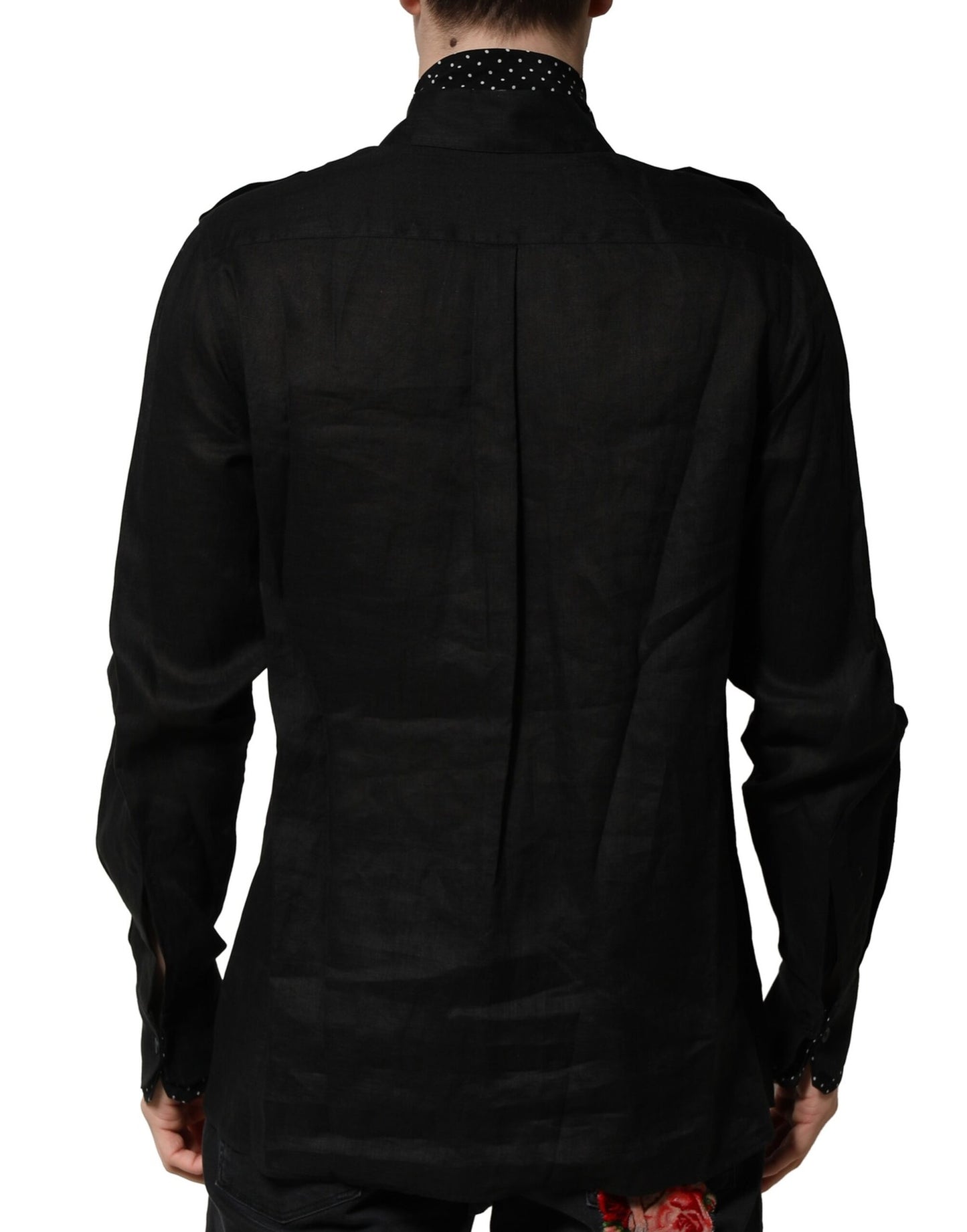 Dolce & Gabbana Black Polka Dot Linen Silk Men Casual Shirt Dolce & Gabbana