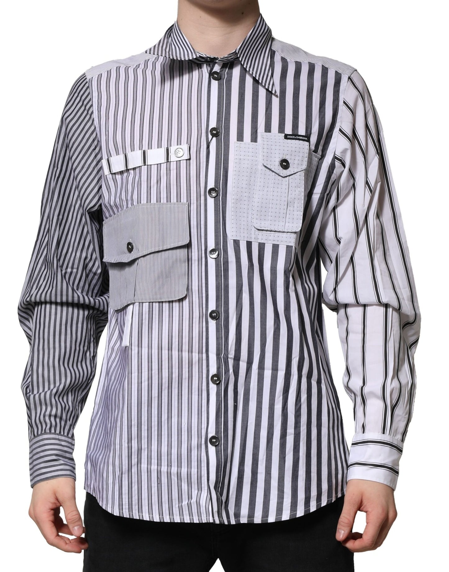 Dolce & Gabbana White Gray Striped Cotton Men Casual Shirt Dolce & Gabbana