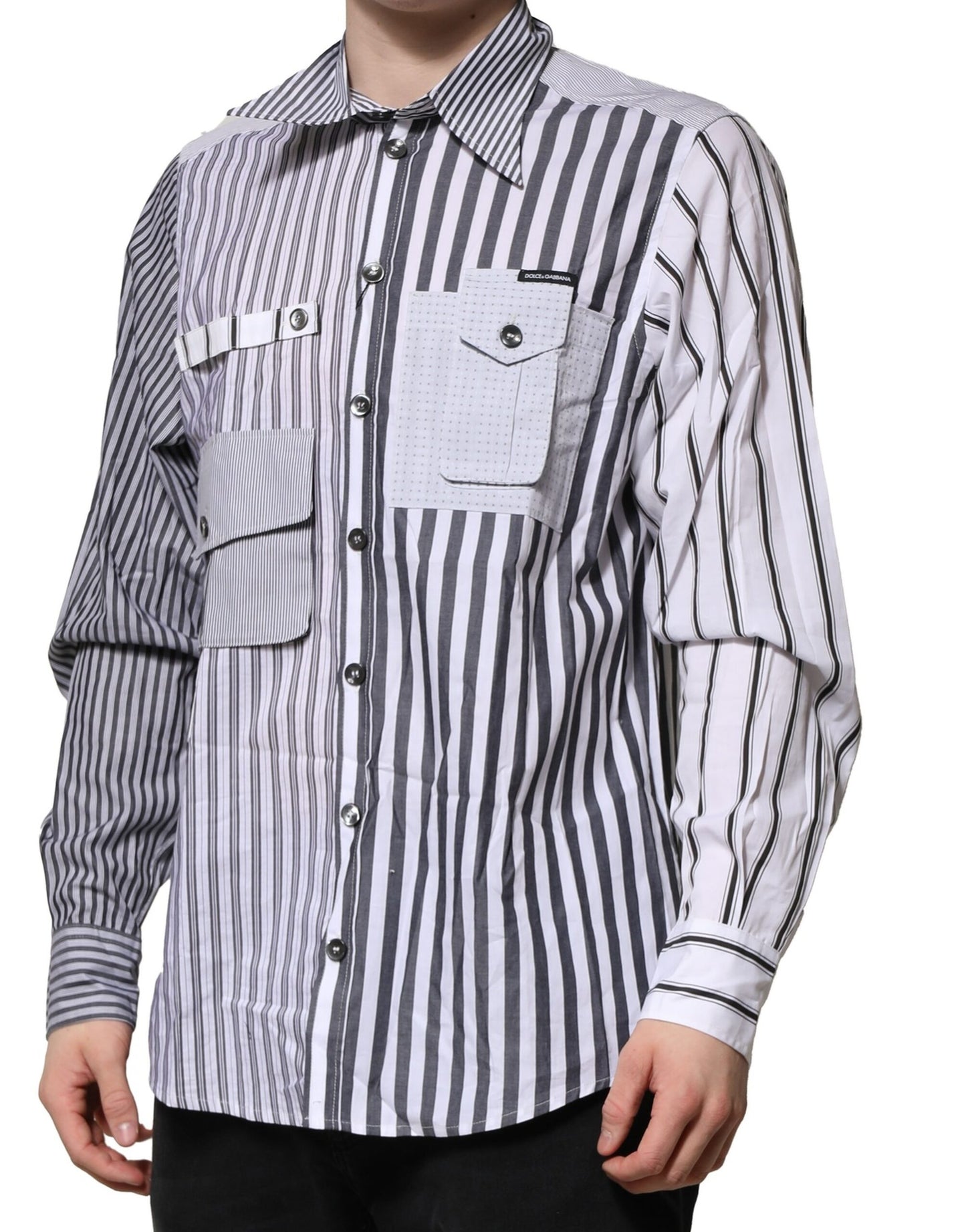 Dolce & Gabbana White Gray Striped Cotton Men Casual Shirt Dolce & Gabbana