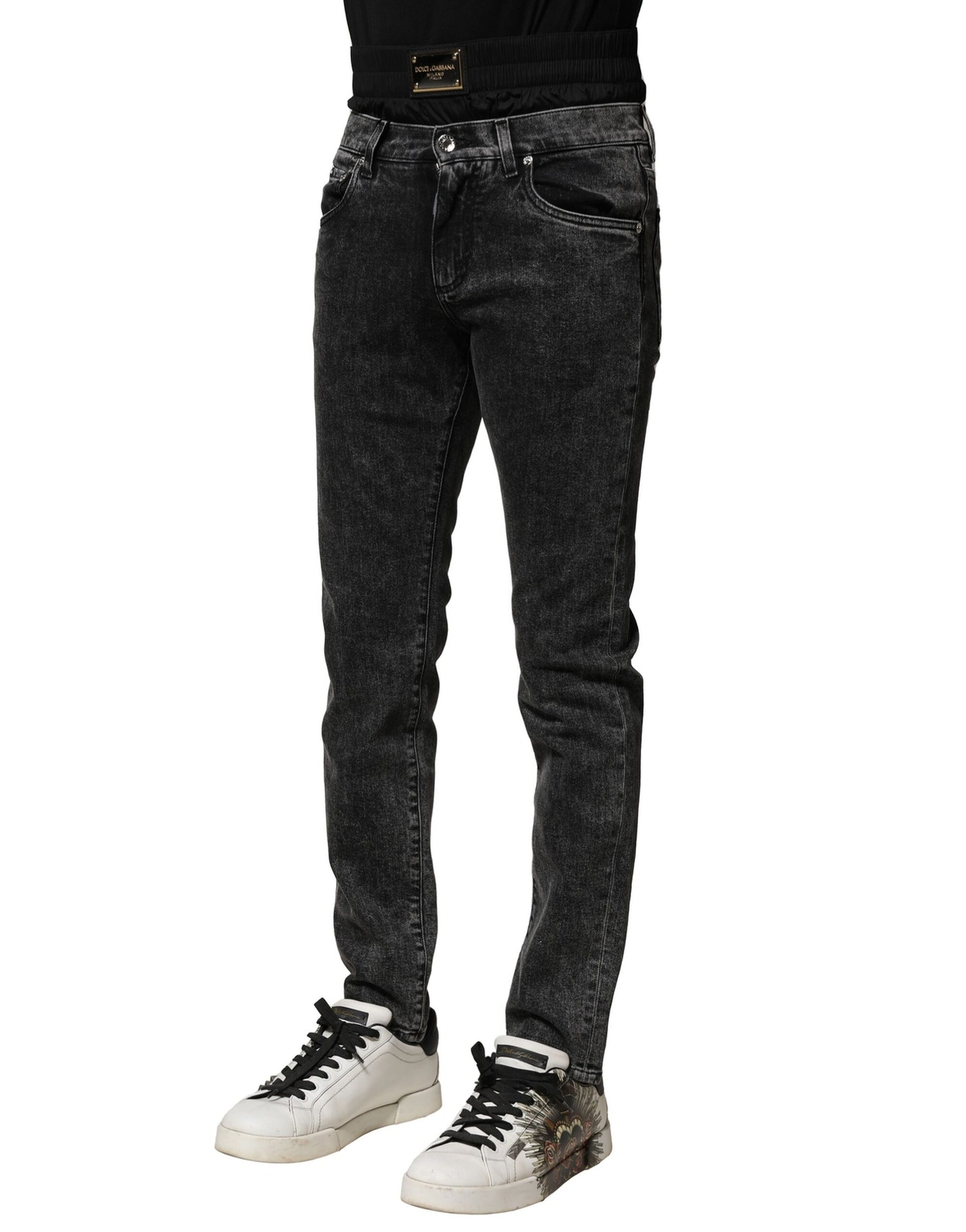 Dolce & Gabbana Black Washed Double Waistband Denim Jeans Dolce & Gabbana