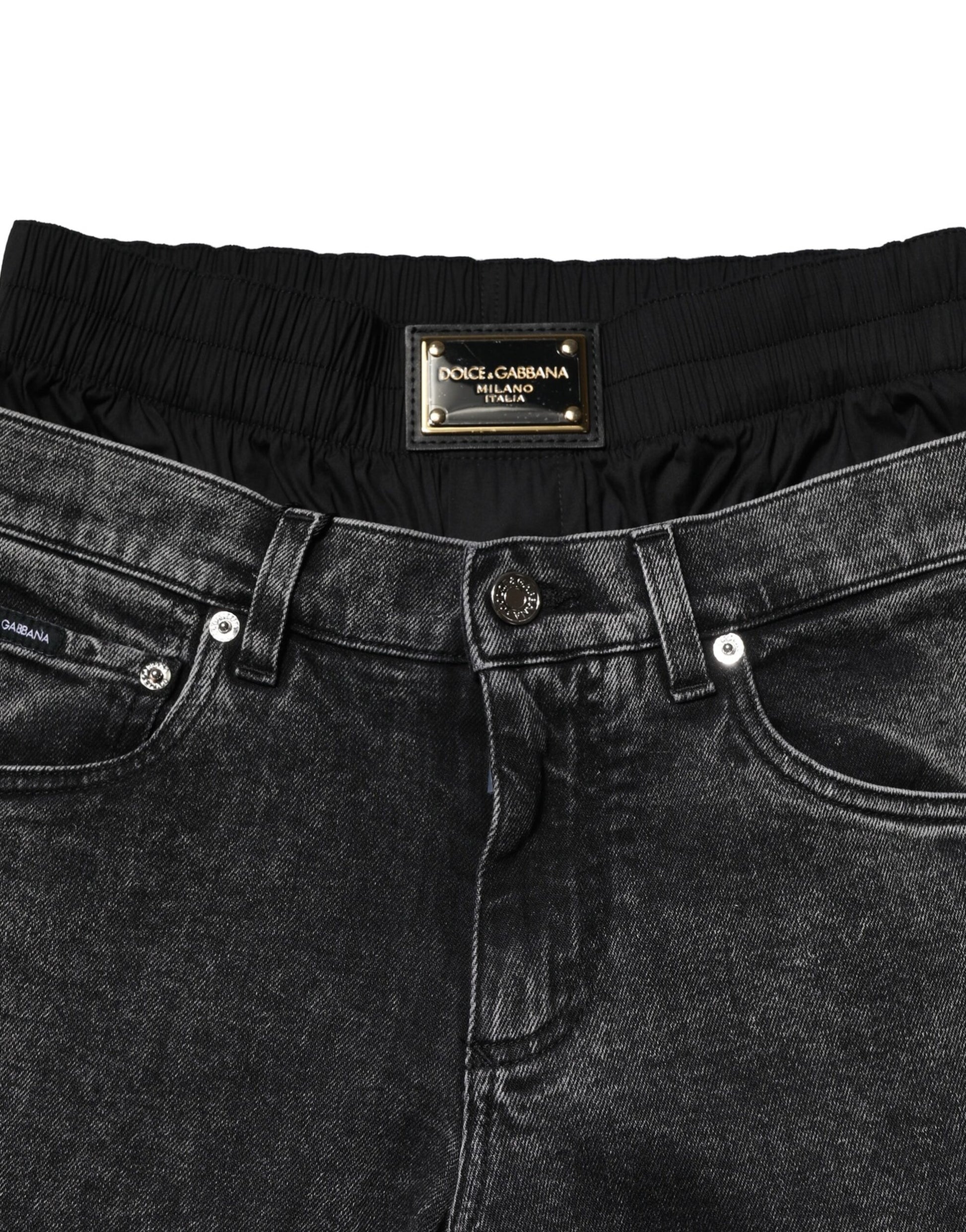 Dolce & Gabbana Black Washed Double Waistband Denim Jeans Dolce & Gabbana