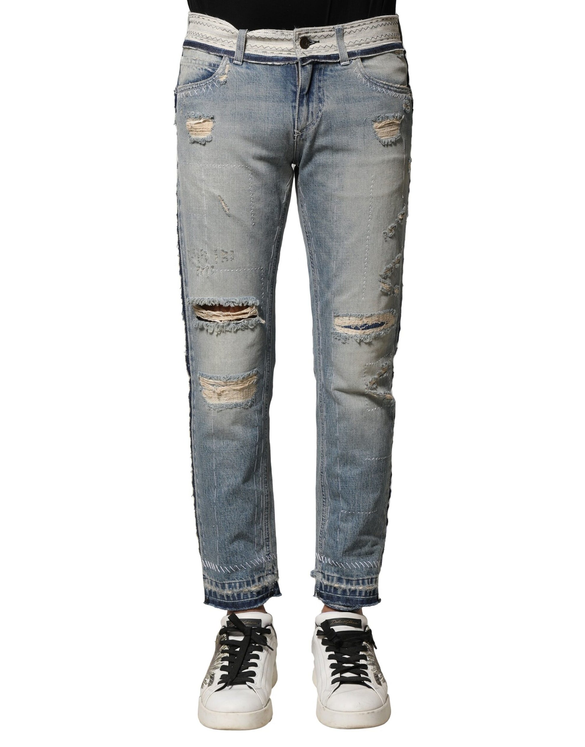 Dolce & Gabbana Light Blue Tattered Straight Men Denim Jeans Dolce & Gabbana