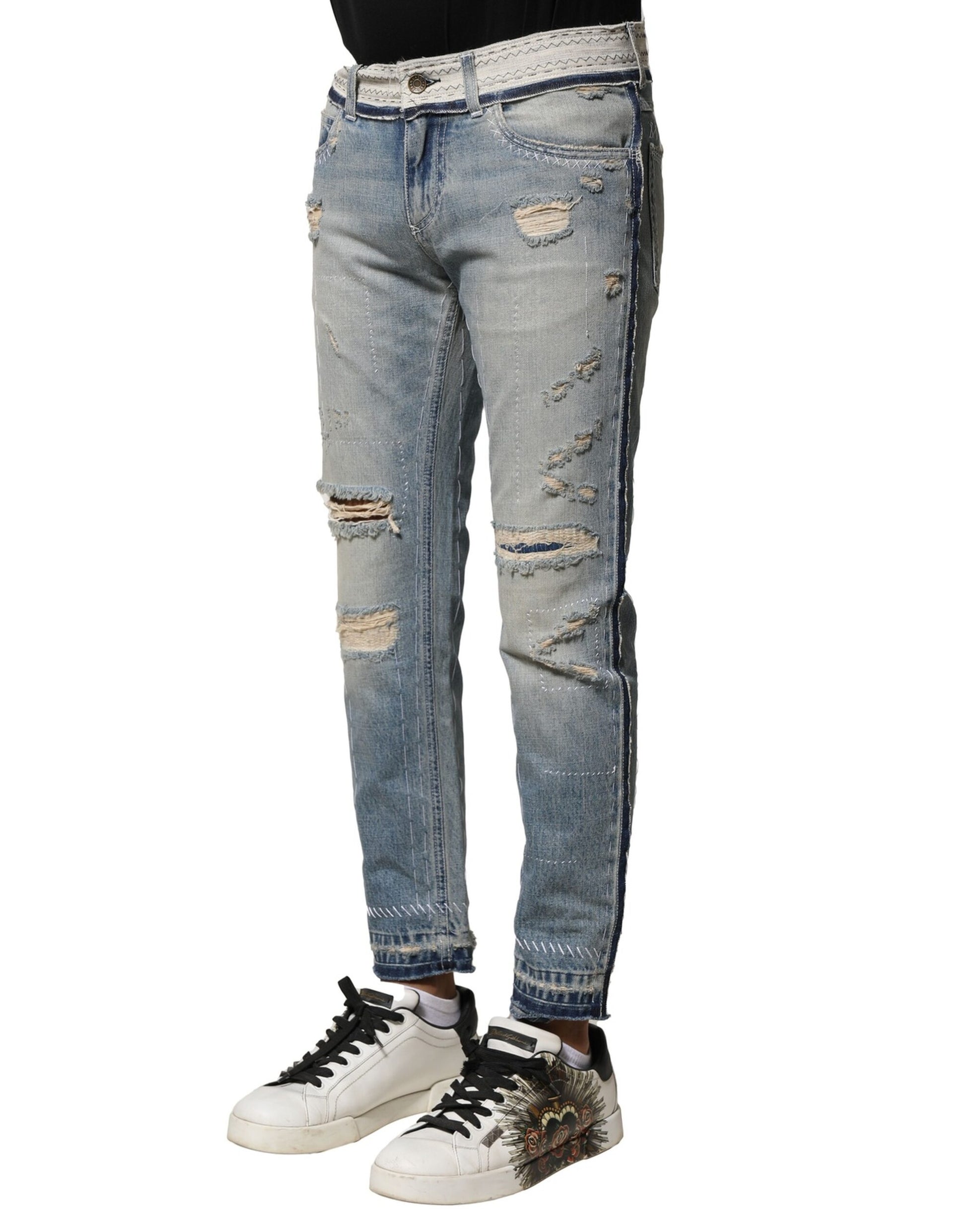Dolce & Gabbana Light Blue Tattered Straight Men Denim Jeans Dolce & Gabbana