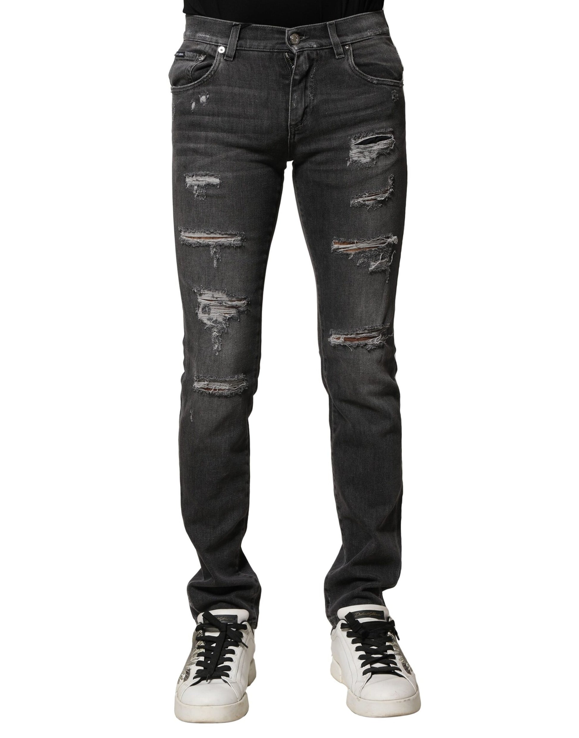 Dolce & Gabbana Black Washed Tattered Slim Fit Denim Jeans Dolce & Gabbana