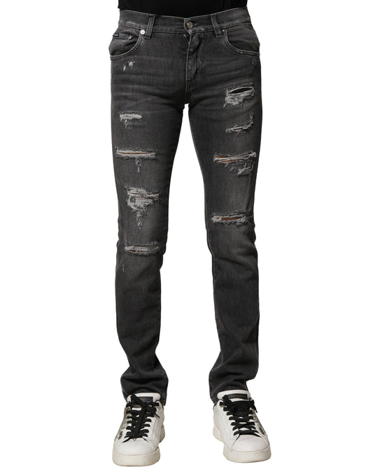 Dolce & Gabbana Black Washed Tattered Slim Fit Denim Jeans Dolce & Gabbana