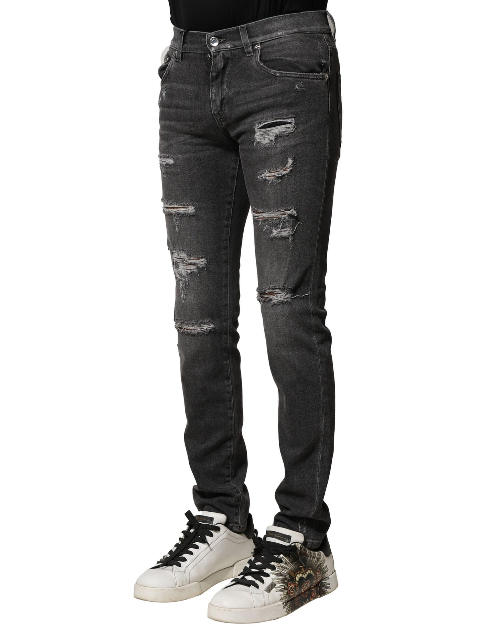 Dolce & Gabbana Black Washed Tattered Slim Fit Denim Jeans Dolce & Gabbana