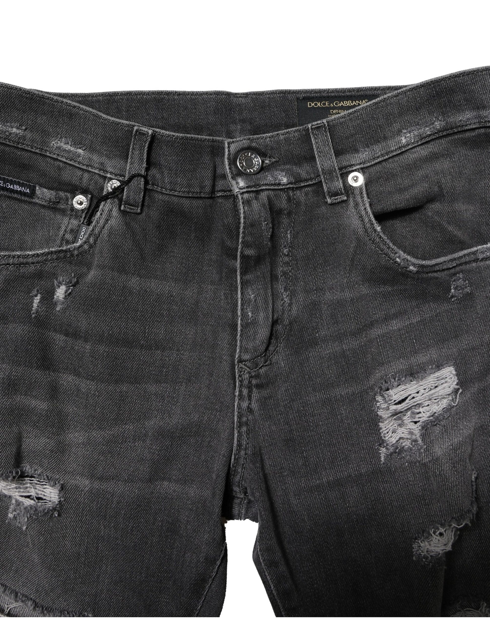 Dolce & Gabbana Black Washed Tattered Slim Fit Denim Jeans Dolce & Gabbana