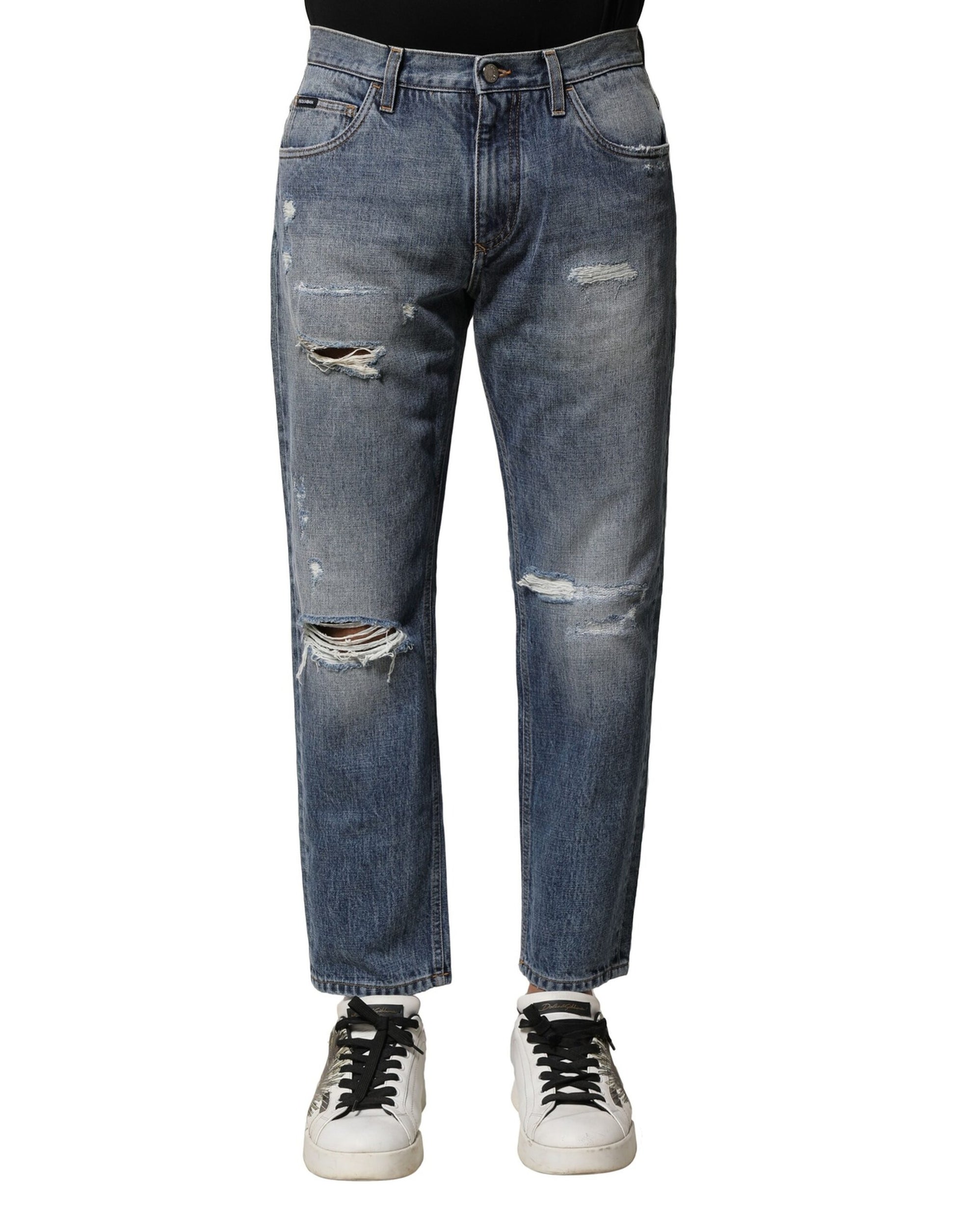 Dolce & Gabbana Blue Washed Tattered Straight Fit Denim Jeans Dolce & Gabbana