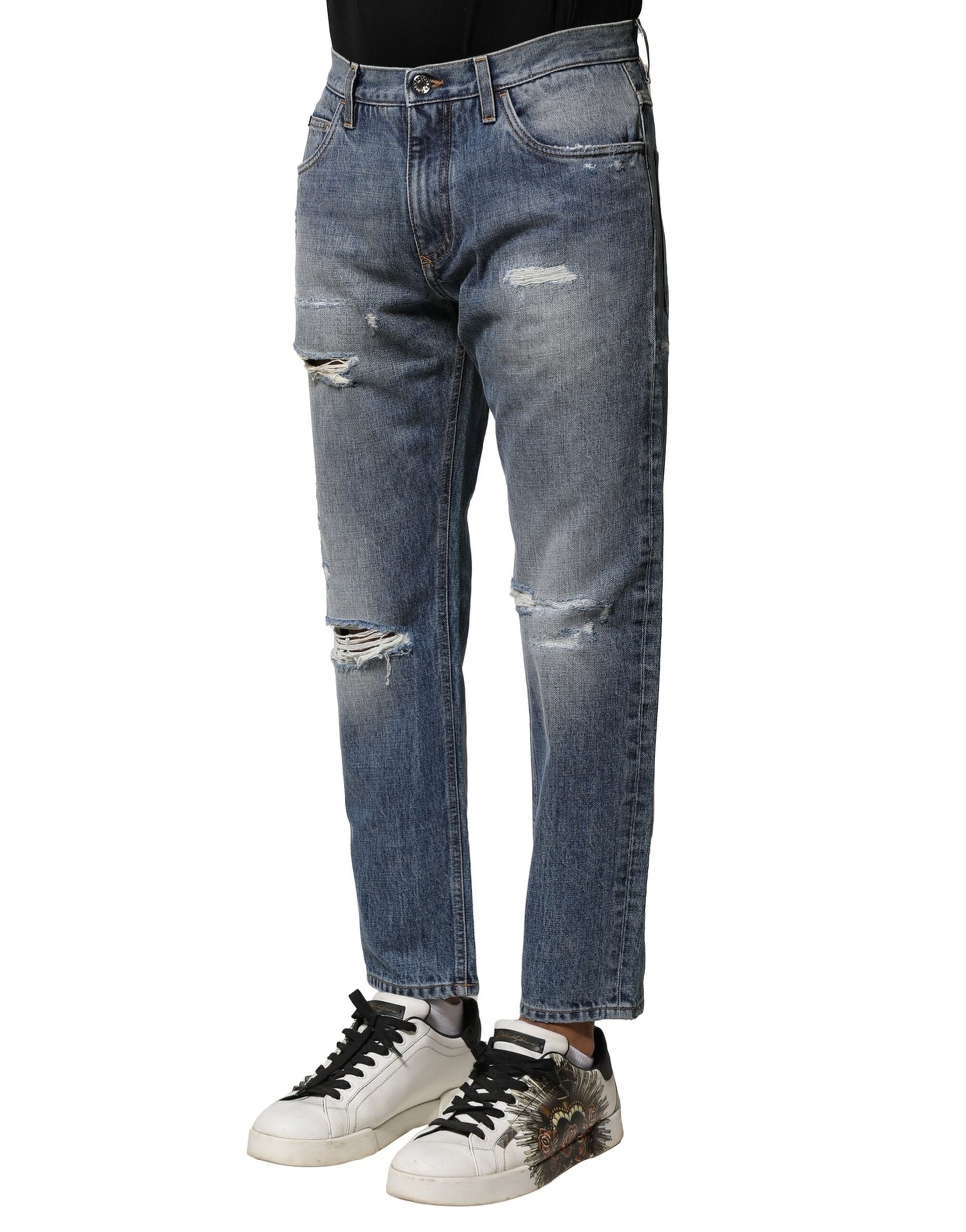 Dolce & Gabbana Blue Washed Tattered Straight Fit Denim Jeans Dolce & Gabbana