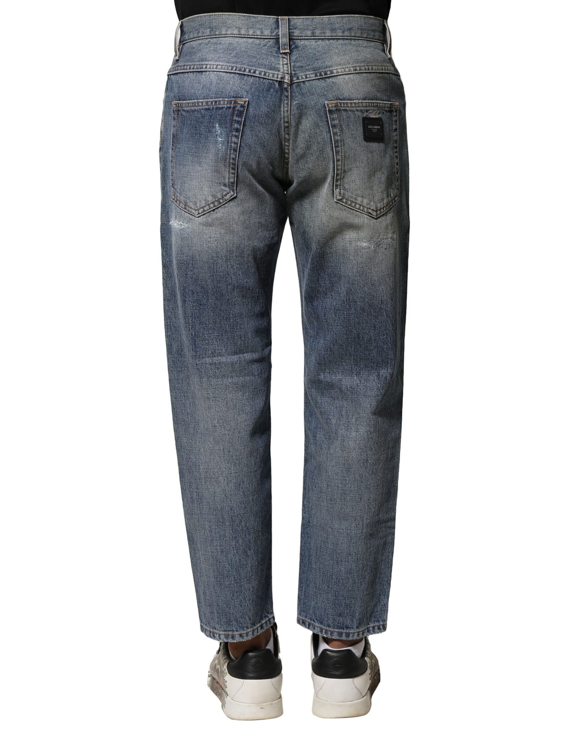 Dolce & Gabbana Blue Washed Tattered Straight Fit Denim Jeans Dolce & Gabbana