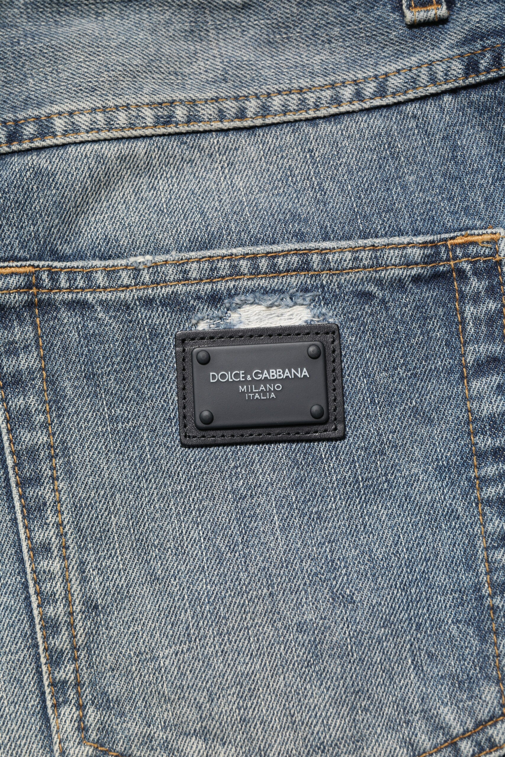 Dolce & Gabbana Blue Washed Tattered Straight Fit Denim Jeans Dolce & Gabbana