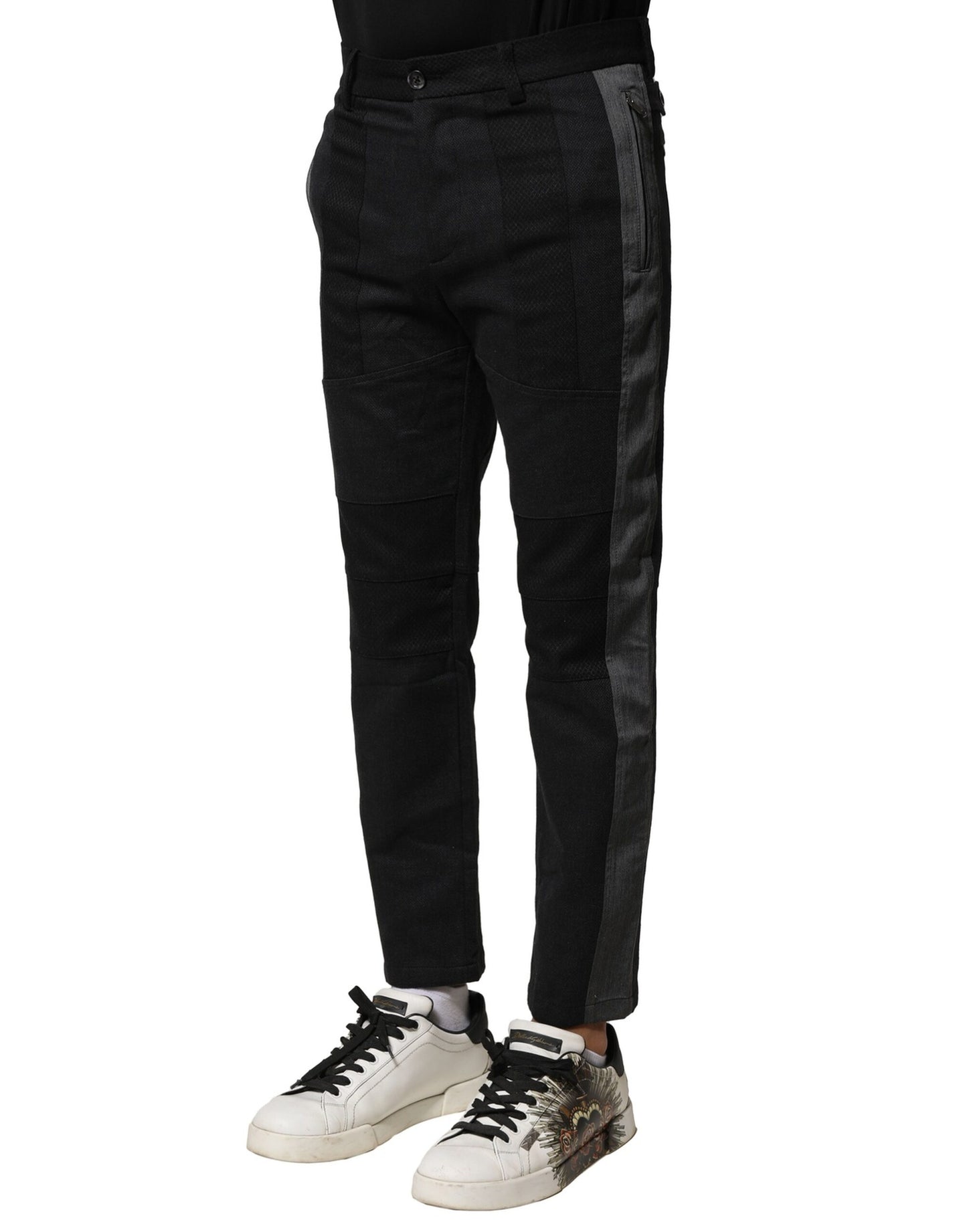 Dolce & Gabbana Black Gray Cotton Tapered Men Pants Dolce & Gabbana