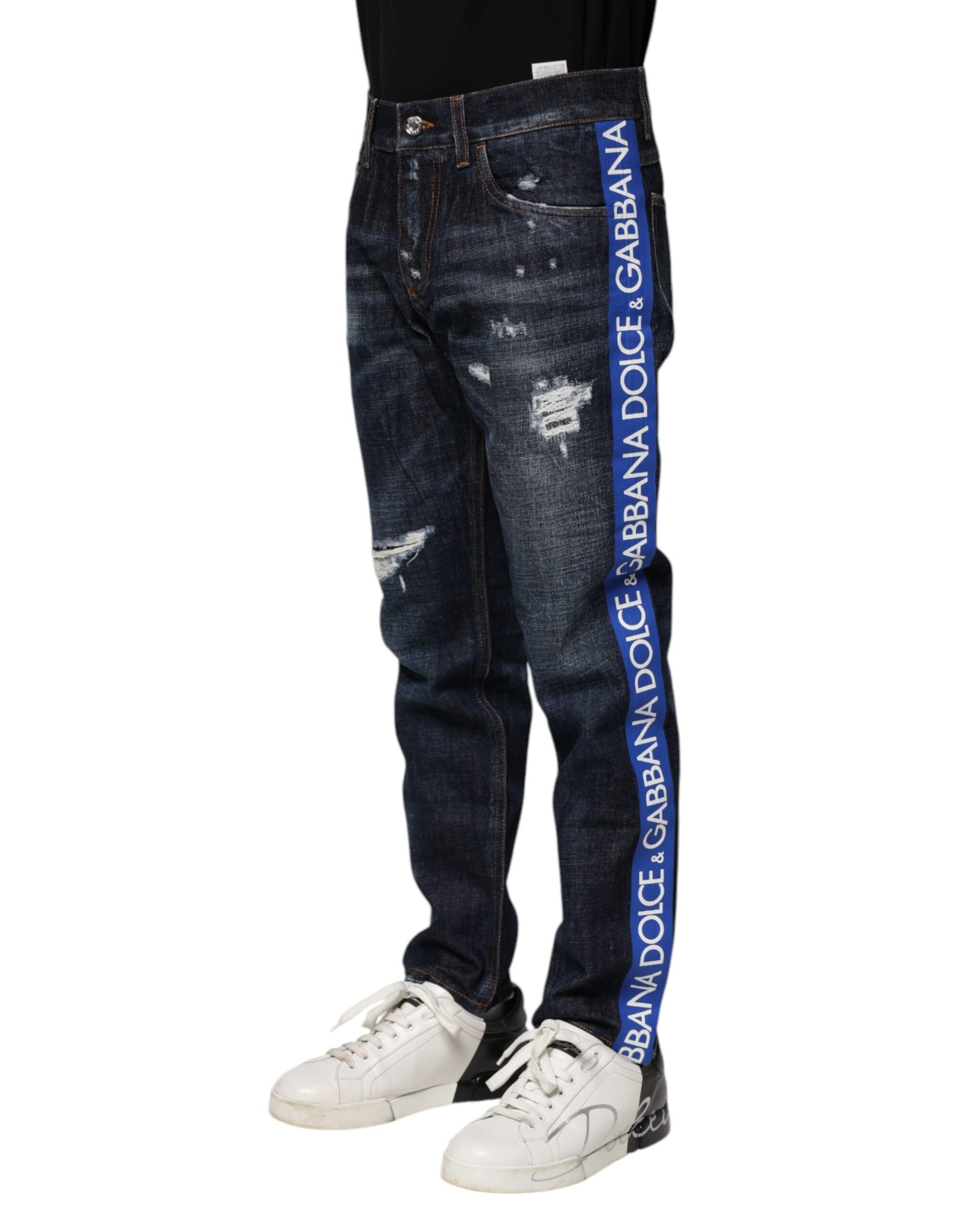 Dolce & Gabbana Dark Blue Tattered Skinny Denim Jeans Dolce & Gabbana