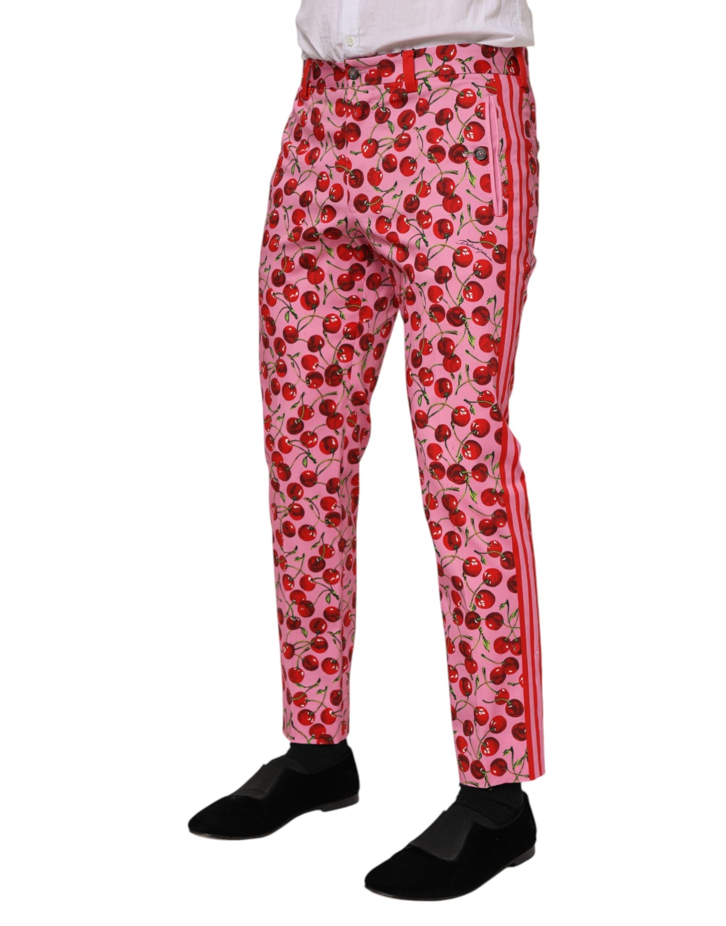 Dolce & Gabbana Pink Cherry Print Cotton Dress Pants Dolce & Gabbana
