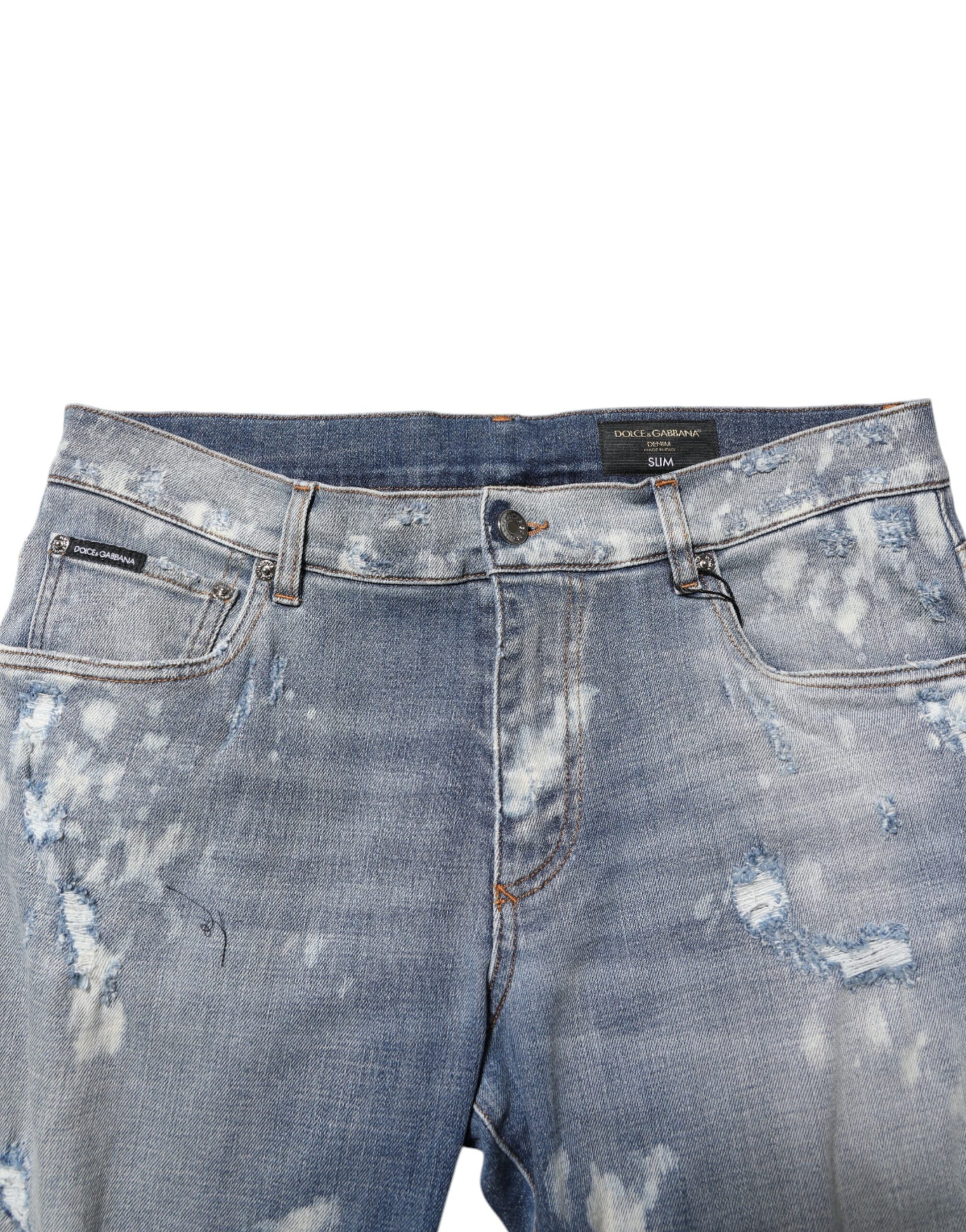 Dolce & Gabbana Blue Cotton Tattered Slim Fit Men Denim Jeans Dolce & Gabbana