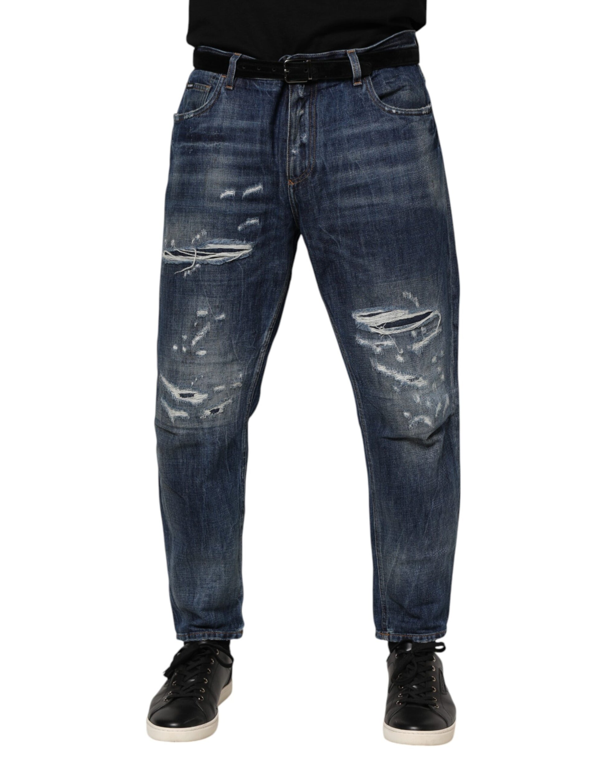 Dolce & Gabbana Blue Cotton Tattered Tapered Men Denim Jeans Dolce & Gabbana