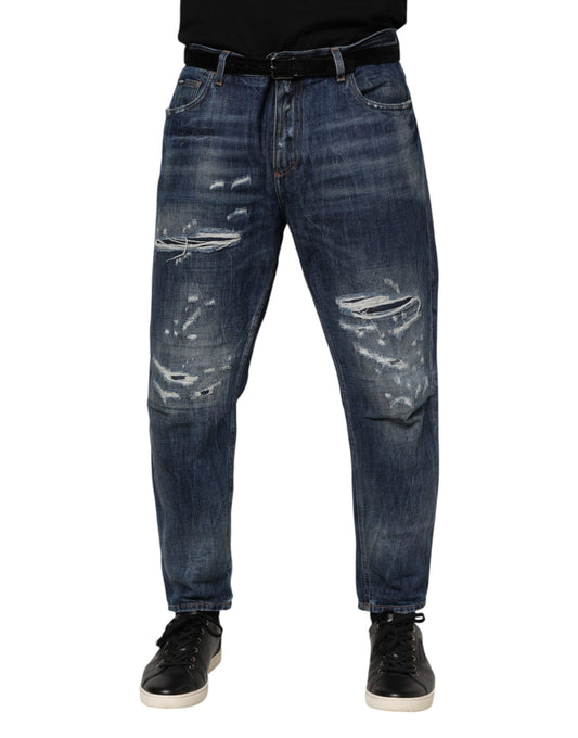 Dolce & Gabbana Blue Cotton Tattered Tapered Men Denim Jeans Dolce & Gabbana