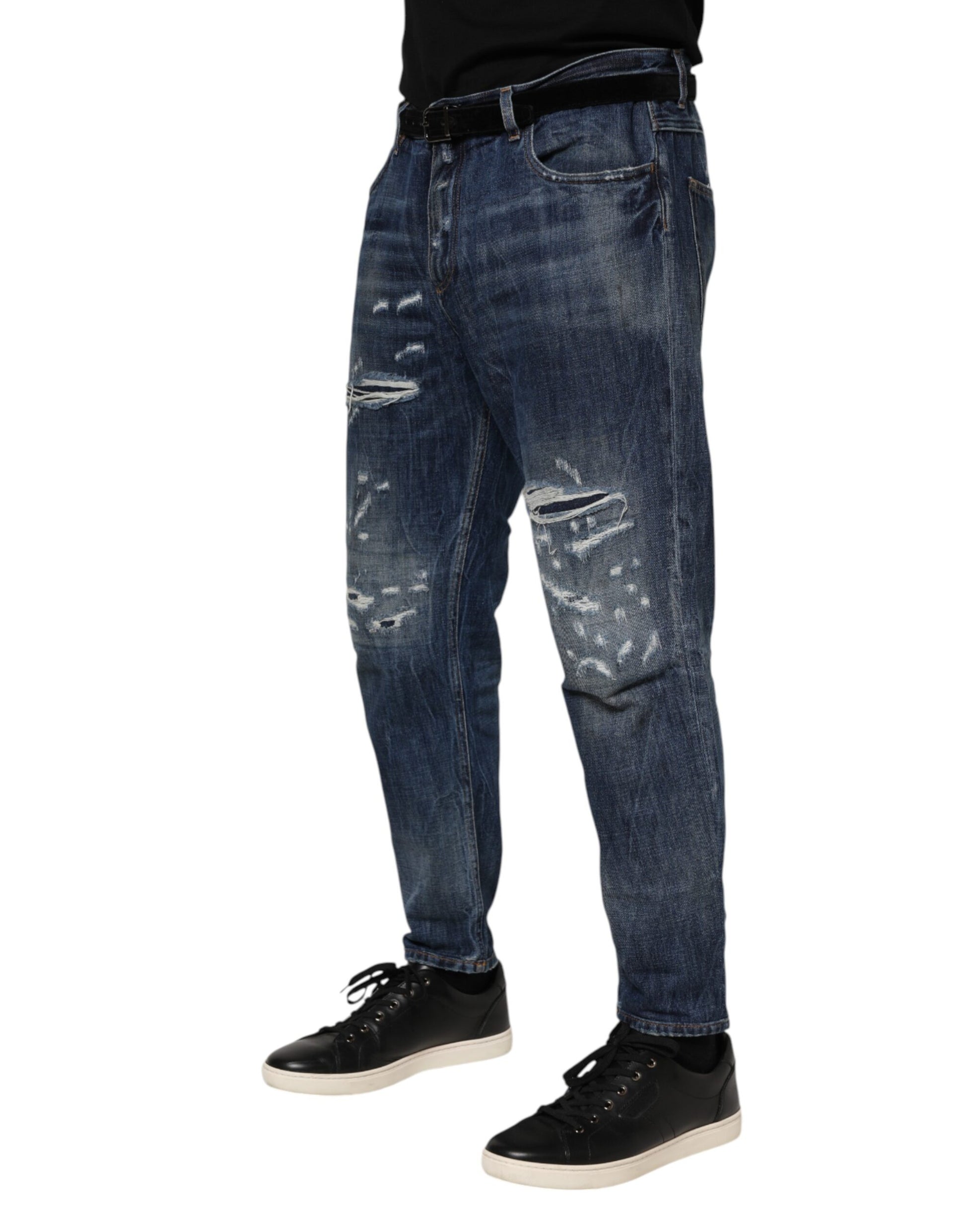 Dolce & Gabbana Blue Cotton Tattered Tapered Men Denim Jeans Dolce & Gabbana