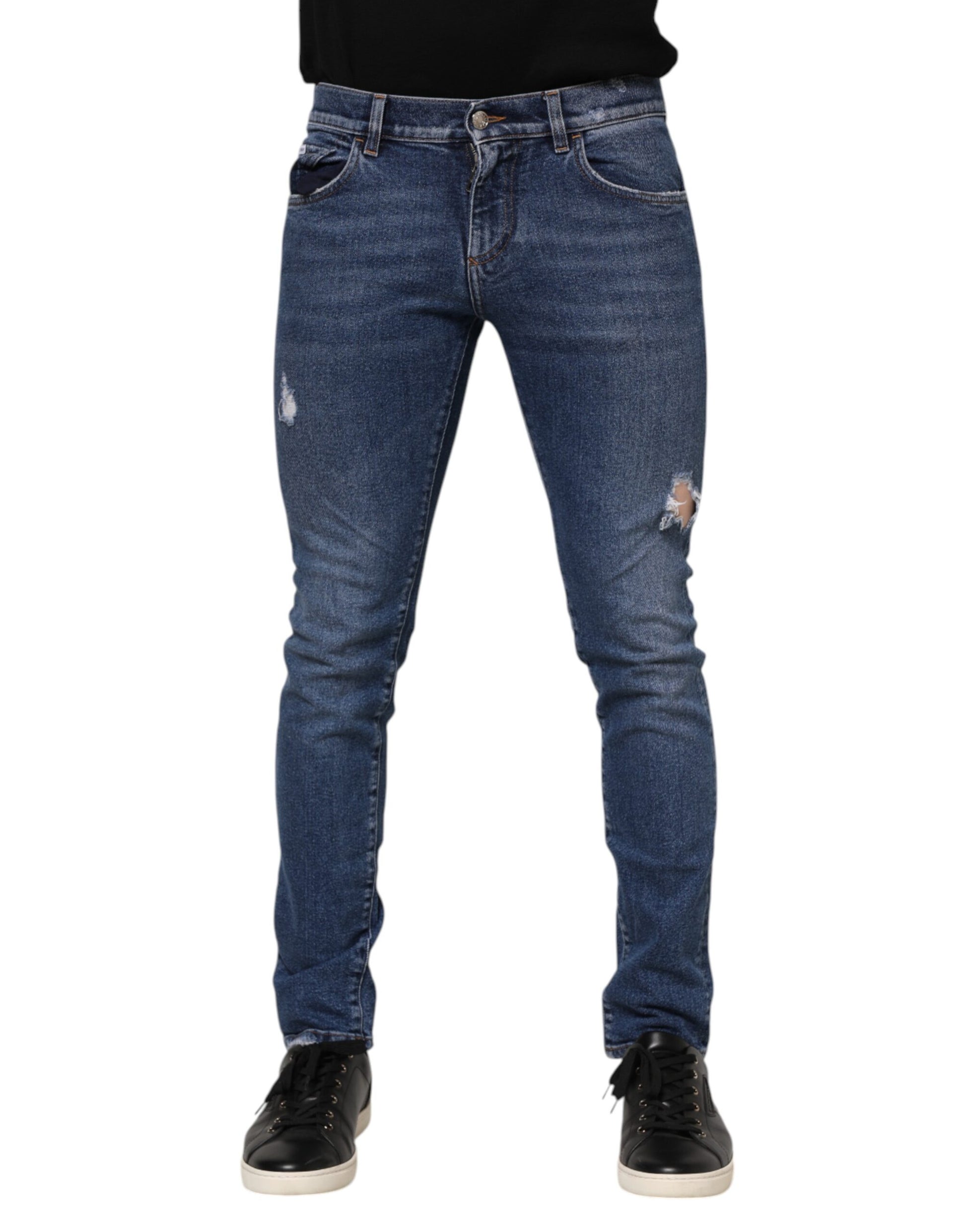 Dolce & Gabbana Blue Cotton Logo Plaque Skinny Men Denim Jeans Dolce & Gabbana